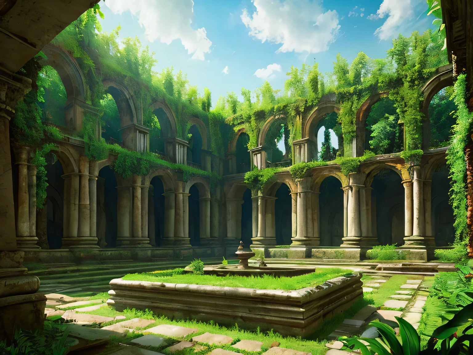 Ruins covered in greenery,a world without anyone,ancient ruins,Europe、Otherworldly atmosphere,illustration style