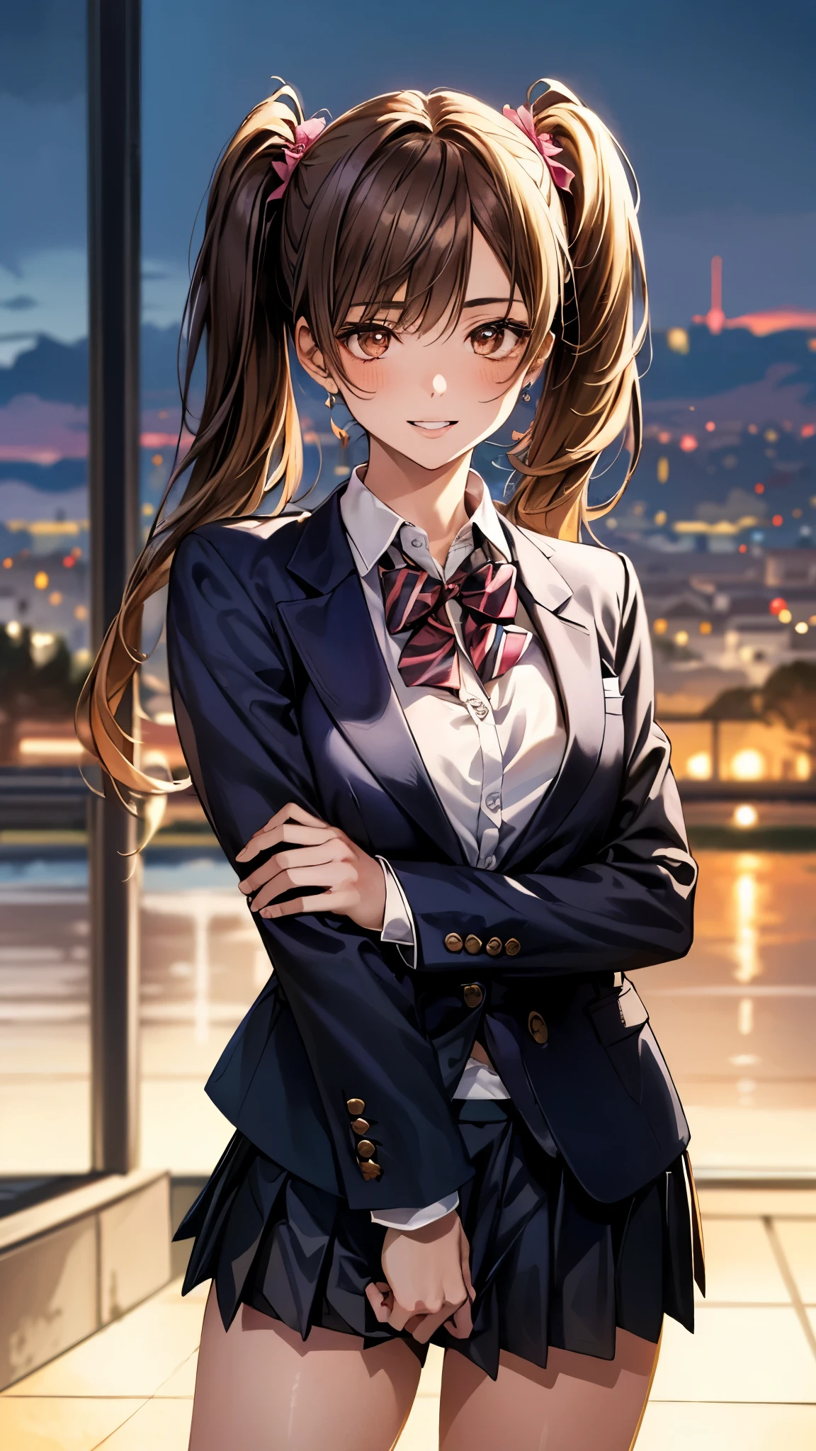 (masterpiece:1.3, top-quality, ultra high res, ultra detailed), (realistic, photorealistic:1.4), beautiful illustration, perfect lighting, colorful, depth of fields, 
beautiful detailed hair, beautiful detailed face, beautiful detailed eyes, beautiful clavicle, beautiful body, beautiful chest, beautiful thigh, beautiful legs, beautiful fingers, 
looking at viewer, front view:0.6, 1 girl, japanese, high school girl, perfect face, (perfect anatomy, anatomically correct), cute and symmetrical face, babyface, , shiny skin, 
(long hair:1.5, twintails:1.5, rosy brown hair), asymmetrical bangs, brown eyes, long eye lasher, (medium breasts), slender, 
((navy blazer, collared white shirt, navt pleated skirt)), dark red bow tie, piercing, 
(beautiful scenery), evening, (city, cityscape in the distance), standing, (hand on chest), (happy smile, parted lips), 