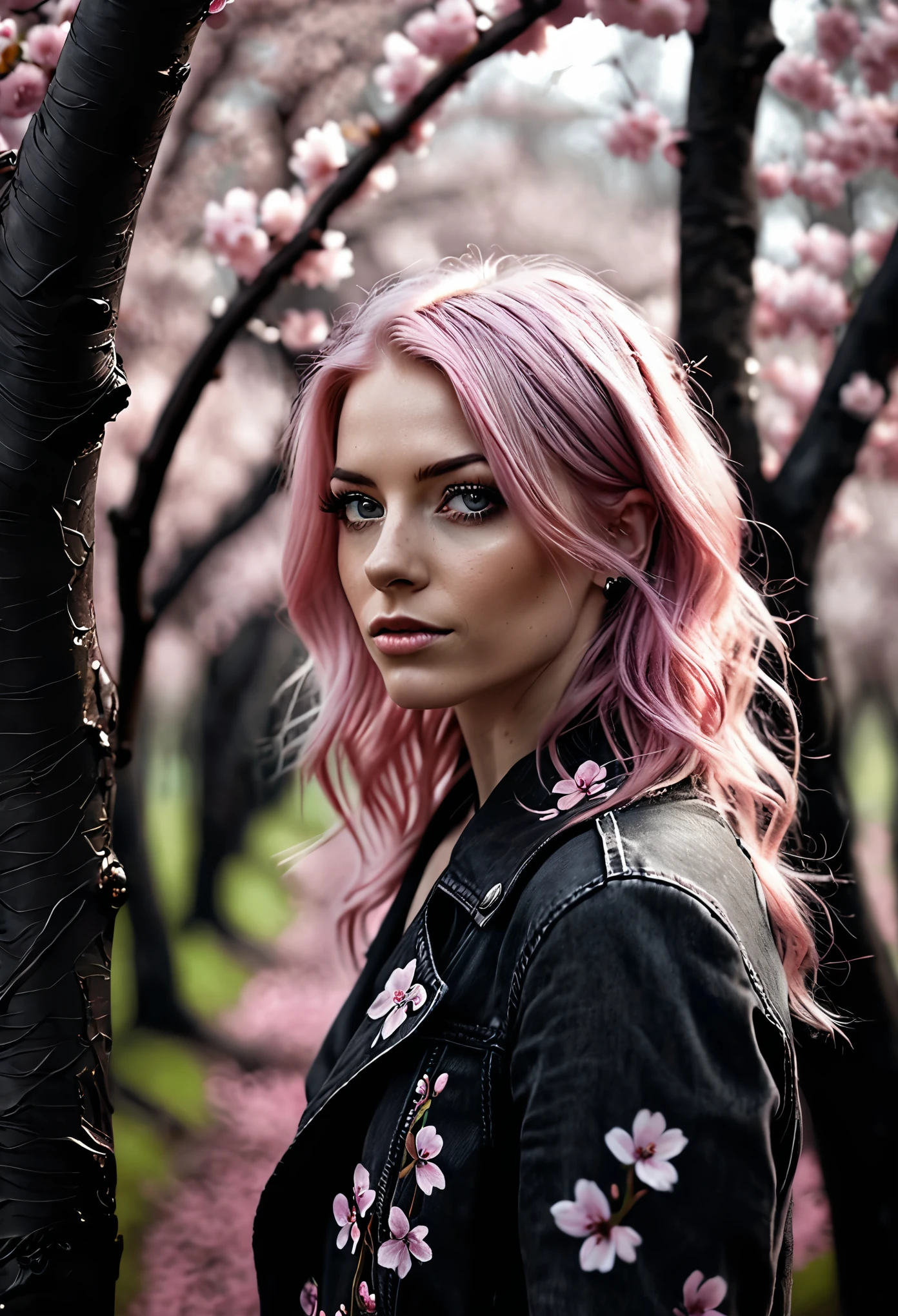 (Realistic:1.4), analog photo style, depth of field, full length photo of cute woman with dusty pink hair in a cherry blossom woods, on black canvas, ominous landscapes, light grey and pink, energy-filled illustrations, detailed face and eyes, highly detailed, dark fantasy aura, faded colours.