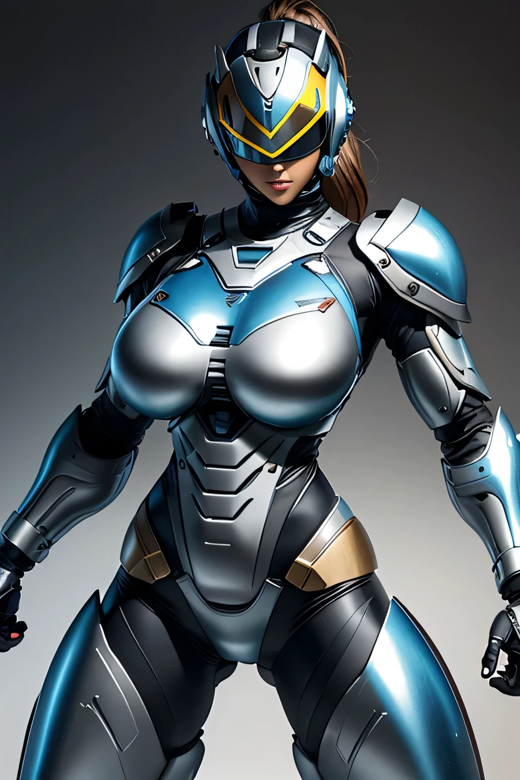 female robocop solo、Armor that completely covers the whole body、very large armor、Helmet with straight, narrow goggles to hide the eyes、Metallic Rainbow Armor、Armor that completely covers the chest、thin and long legs、Vibrant posel body view,luscious lips,(big and full breasts:1.3), (sports body:1.5)、five fingers