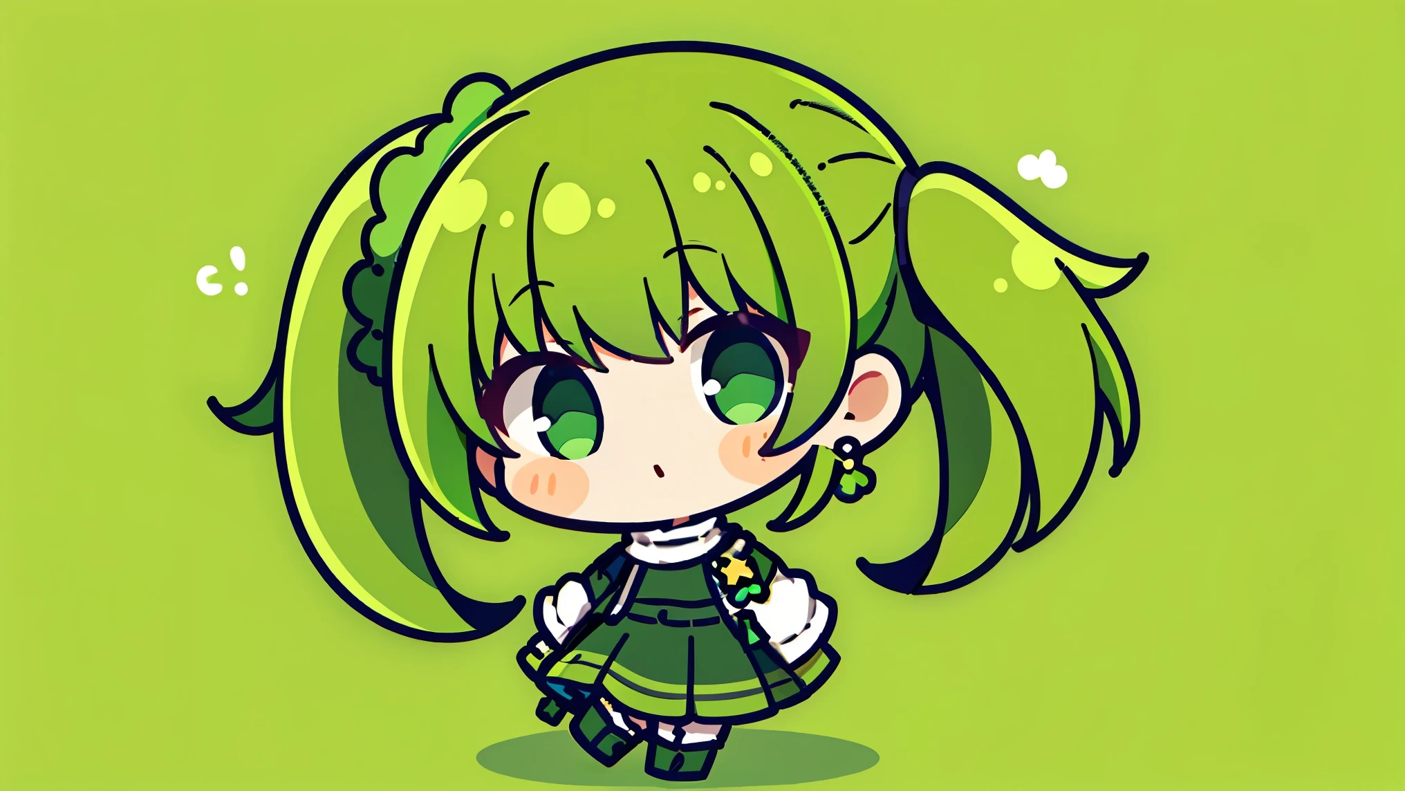 Masterpiece, Top Quality, Coat, Turtleneck Sweater, Long Skirt, Platform Boots, Joyful, High Knee Walking, 1Girl, Low Ptails, green hair, side ponytail, (green Theme: 1.4), Cartoon, Chibi: 1, Chibi Yara , Solid green background