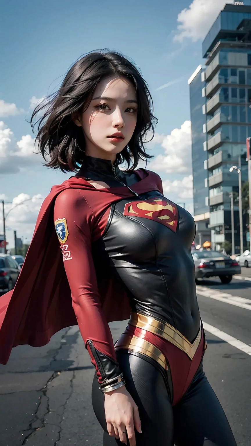 Woman wearing detailed SuperMan costume with full sleeves covering the entire body, short black hair, serious face, (flying in sky), vivid colors, dramatic lighting, red cape, cinematic costume, carbon fiber detailed suit,full budy picture