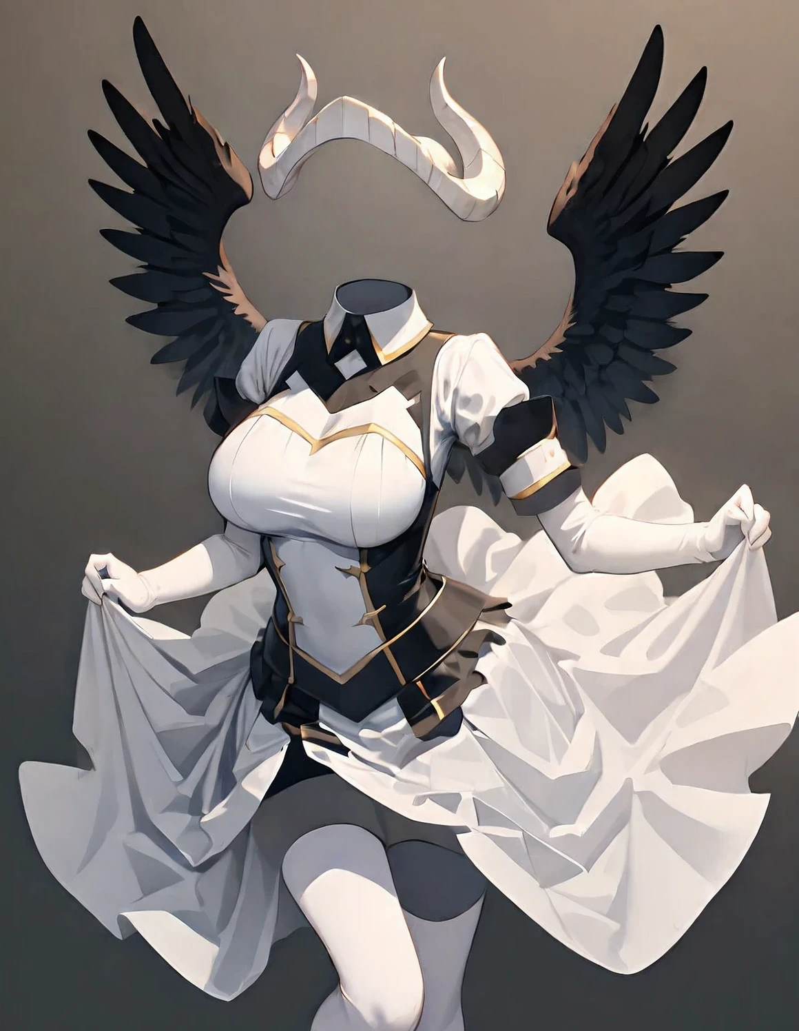 nobody,alone,horn,Albedo (Overlord),wing,Big breasts,skirt,Hip vents,black wing,white Gloves,Gloves,white skirt,hair between eyes,yellow eyes,feathered wing,demon horn,feather,slit pupil,split collar,black feather,Cowboy shooting,elbow Gloves,white horn,permanent,demon wing,