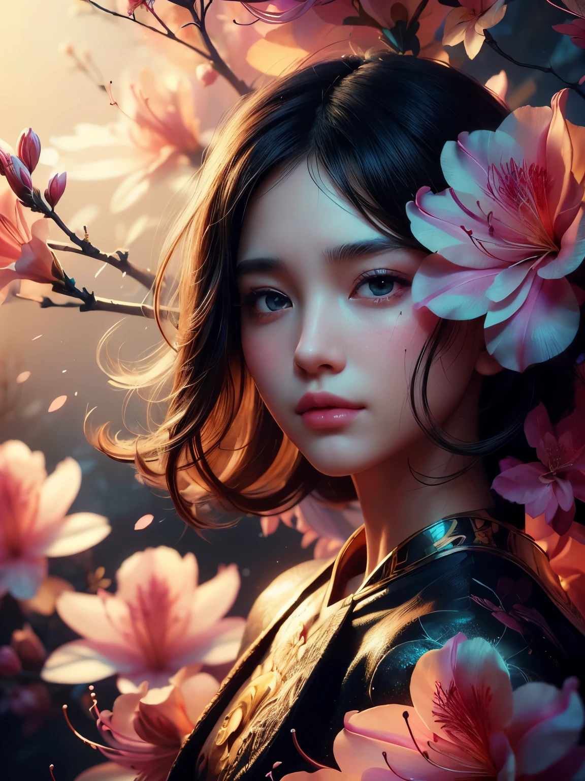 (high quality), (masterpiece), (detailed), 8K, Hyper-realistic portrayal of a futuristic (1girl1.2), Japanese character adorned with elegant azalea flowers. Meticulous details capture the harmonious blend of nature and technology in this visually stunning composition. Trending on Artstation.