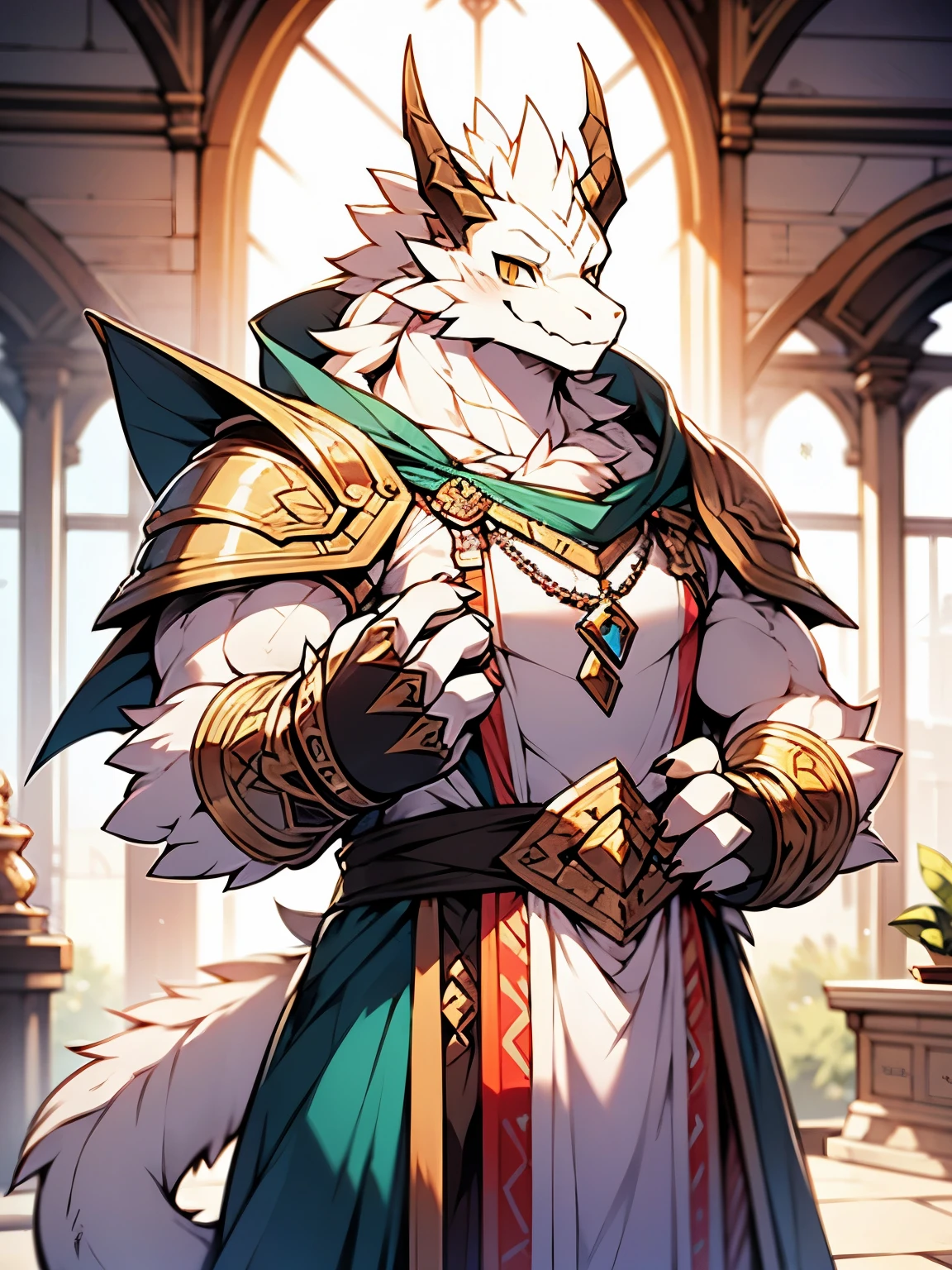 alone，Strong body type，身穿银色whole body铠甲，juvenile，white dragon，white body，white skin，white belly，Silver plush dragon tail，hairy dragon tail，golden eyes，golden dragon horn，Full of majesty，Sunny and cheerful，Paladin，holding sword with both hands，Temple 8k，（illustration），（Ultra-detailed fur），（intricate details），whole body，white cloak