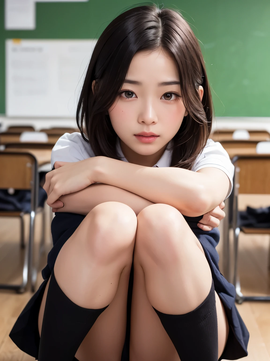 (masterpiece:1.3)、Super detailed finish、(High resolution、8k:1.3)、highest quality、(Super realistic like a photo:1.3), The face is in focus、close up on face、 ultra high definition face、Face is in focus、Ultra high definition and beautiful eyes、(focused eyes:1.3)、(Eyes are symmetrical:1.3)、High-definition and beautiful skin、firm skin、Ultra high definition hair texture、Japanese high school girl、18 years old、very cute, short hair, Sitting pose on the floor:1.3, (high , black socks、brown loafers), hugging my chest with my arms、Upper body、(classroom), (scared look:1.3), blush:1.3, Mr.々shooting angle:1.3, (looking at viewer:1.3),