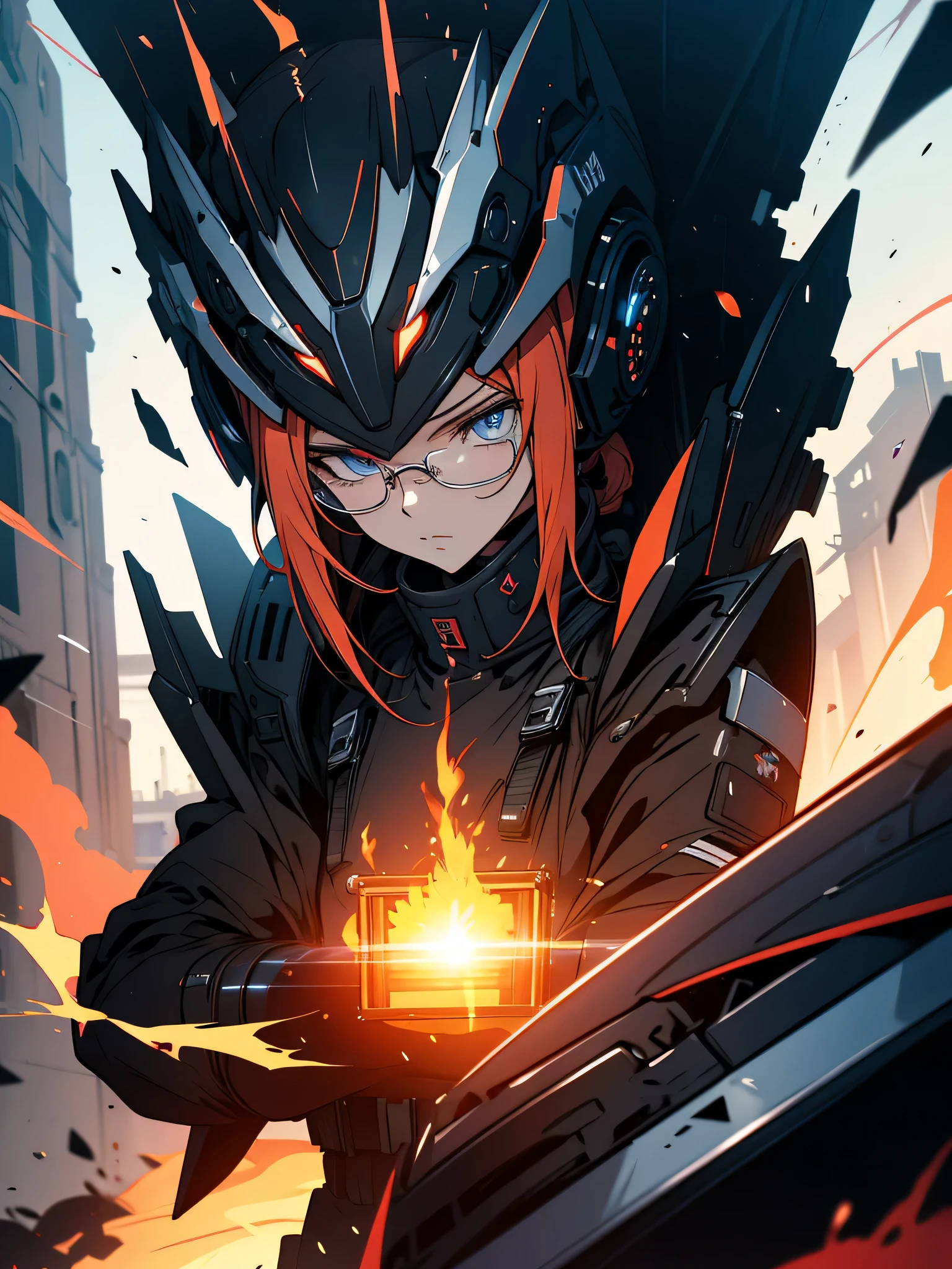 absurd solution, High resolution, (masterpiece: 1.4), hyper detail, And me too, black armor, big warehouse, please open your eyes, red glasses, towards the lens, fire, body power stove heat, Robot arm holding flame and white smoke in hand、beautiful anime、fine eyes
