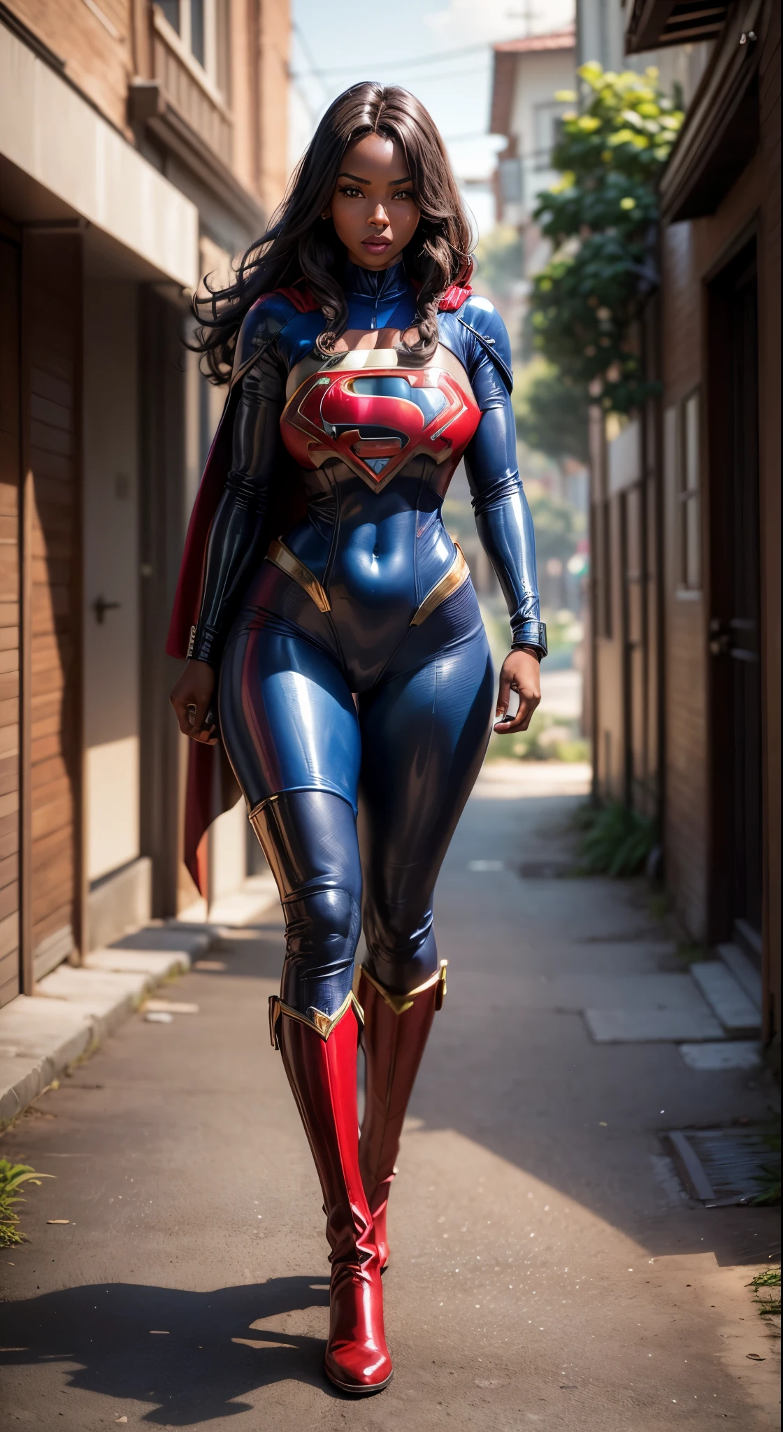 (melhor qualidade,4k,8k,high resolution,masutepiece:1.2), (Emily is a black woman, ebony skin) , (BBW MILF), (30 anos), (bunda enorme: 1,9), afro hair, (seios grandes: 1,9), caminhando na rua de uma cidade, (sexy shiny supergirl leather costume), (bota branca), (full body photo), sexy, sensual, hot, decotes, bunda enormes. (mesmo personagem, de frente, de lado, de costas), (perfect hands), perfecteyes