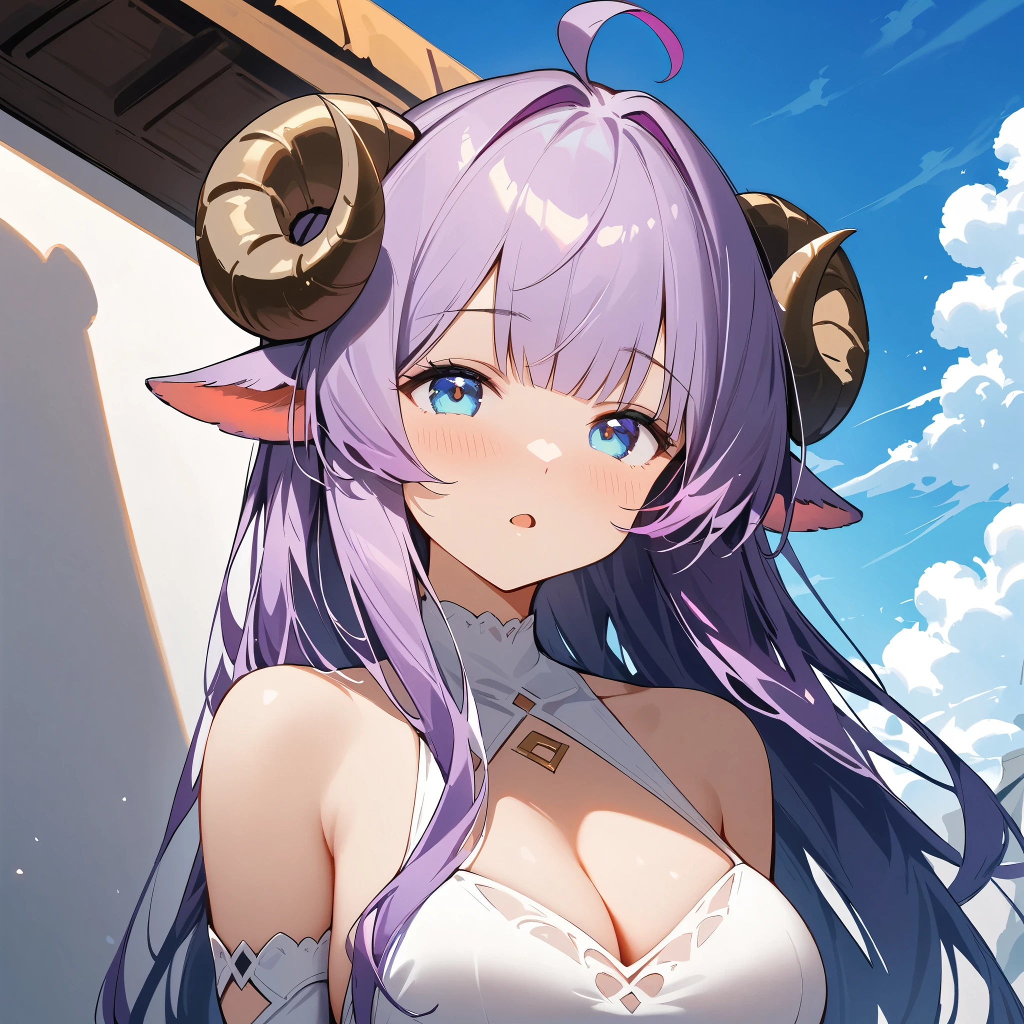 (masterpiece, best quality:1.2), 1girl, solo, looking_at_viewer, covered_navel, white_dress, medium_breasts, curled_horns, upper_body, very_long_hair, sheep_horns, white_gloves, animal_ears, cleavage, open_mouth, elbow_gloves, ahoge, parted_lips, blunt_bangs, grey_eyes, purple_hair, shadow, sky