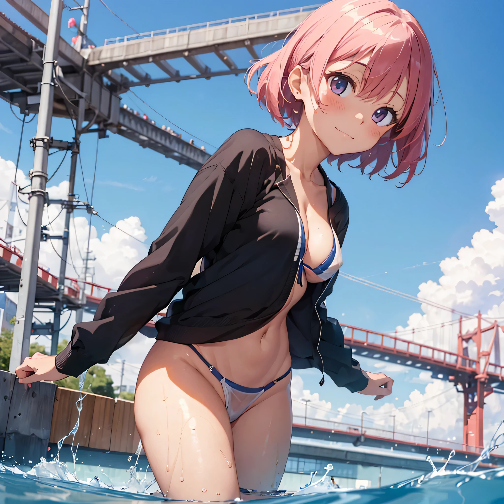 (masterpiece:2.0), (highest quality:2.0), (swim naked on the beach:1.5), (Tiny see-through T-back micro bikini:1.5), (super sexy pose:1.5), (look up from below:1.5), (fully exposed shoulders:1.5), (fully exposed nape:1.5), (face turns red:1.5), (cover one's chest with one's hands:1.5), (spill :1.5), (realistic:1.5), 1 very pretty girl, precise small needle, you look embarrassed when you look at me, light smile, innocent face, young face, clear eyes, shining eyes, small breasts, I can see the side boob, I can see your shoulders, I can see the cleavage, no pubic hair, dynamic posing, beautiful skin, Super fine, highest resolution, Japanese high school student, pink hair