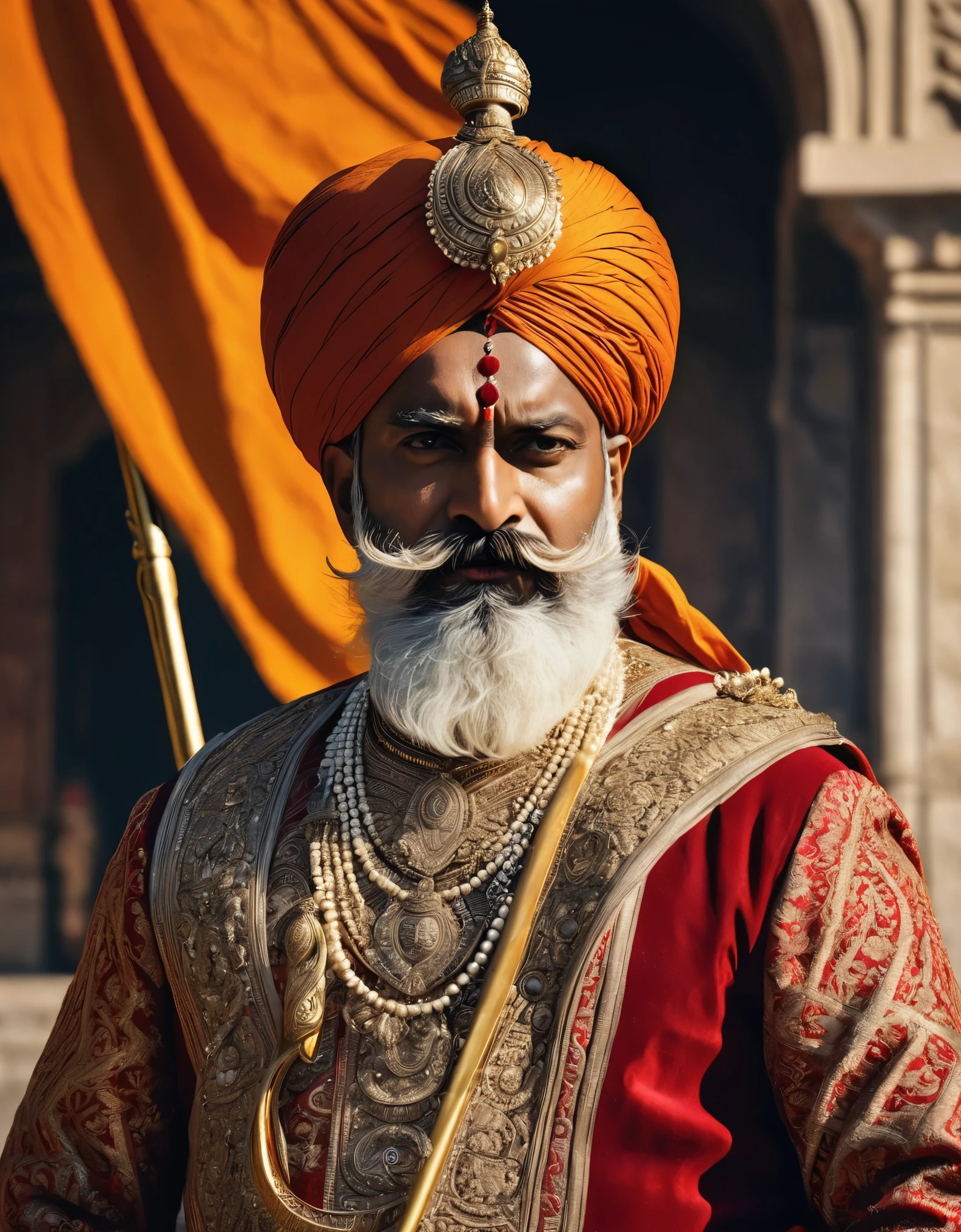 (best quality,4k,8k,highres,masterpiece:1.2),ultra-detailed,realistic:1.37,portrait,great Maratha warrior,Shivaji Maharaj,strong and determined expression,ornate golden throne,detailed armor and weaponry,majestic turban,exquisite Rajput sword,elaborate traditional attire,vibrant colors,golden accents,play of light and shadow,heroic pose,regal ambiance,fierce gaze,impressive moustache,ivory white beard,magnificent fortress in the background,royal banners fluttering in the wind,scenic mountainous landscape,grand architecture,artistic brushstrokes,powerful and noble,commanding presence,historical significance,enduring legacy