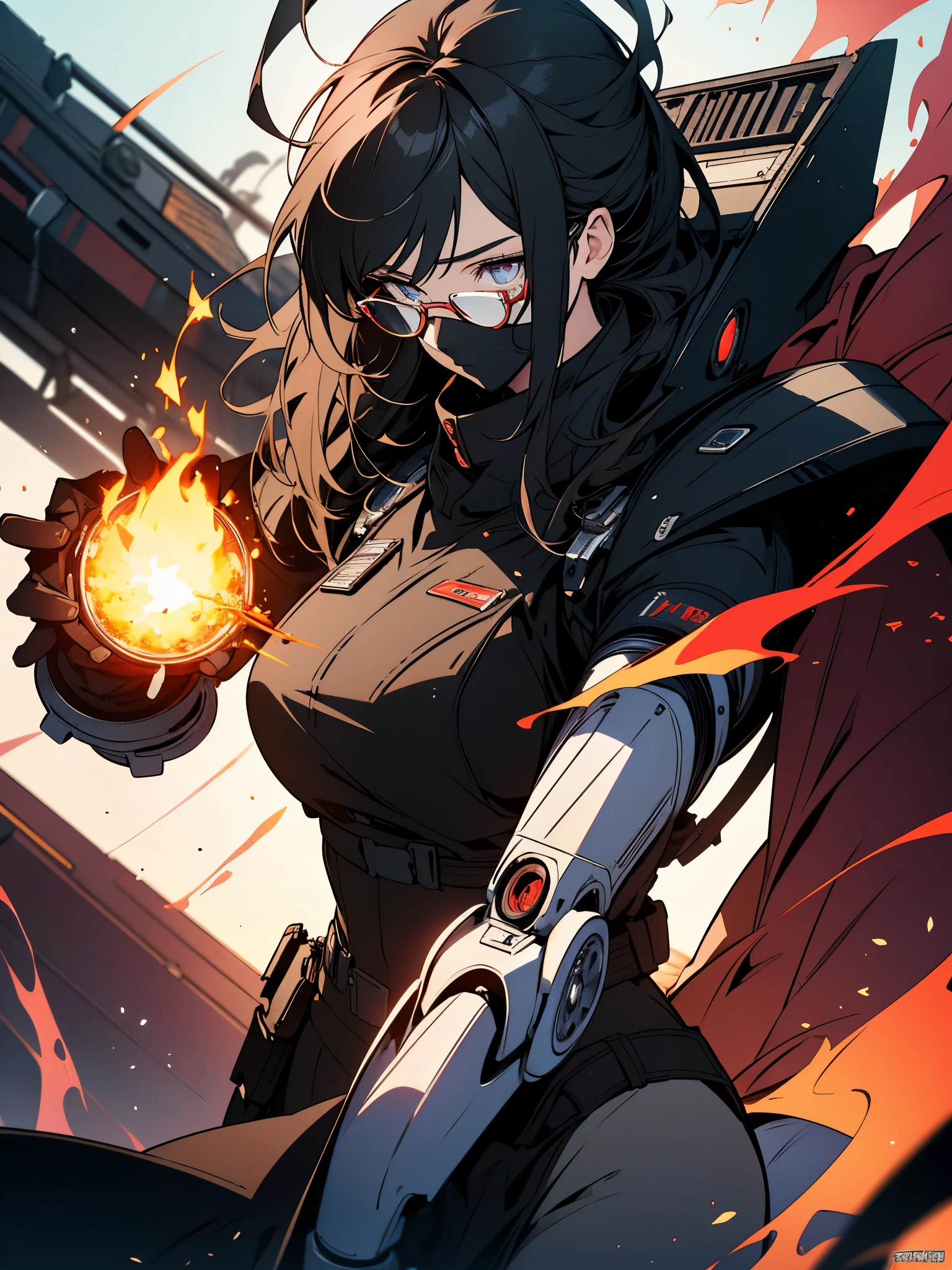 absurd solution, High resolution, (masterpiece: 1.4), hyper detail, and me, black armor, big warehouse, please open your eyes, red glasses, towards the lens, fire, body power stove heat, Robot arm with flame and white smoke in hand、beautiful anime、detailed eyes