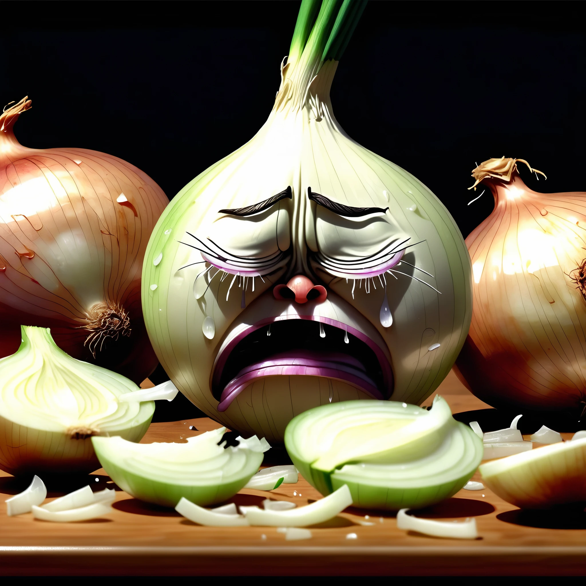 crying, sobbing, tears, anthropomorphic onion chopping onions, full of tears, sad cry, absurd, surreal, realism with cartoonish hand drawn, cel shading, animated cel, rotoscope, detailed onion with kitchen knife chopping and dicing regular food onions, despair tragedy, hilarity, excessively silly, opressively overwhelming, maximal emotional turmoil,
