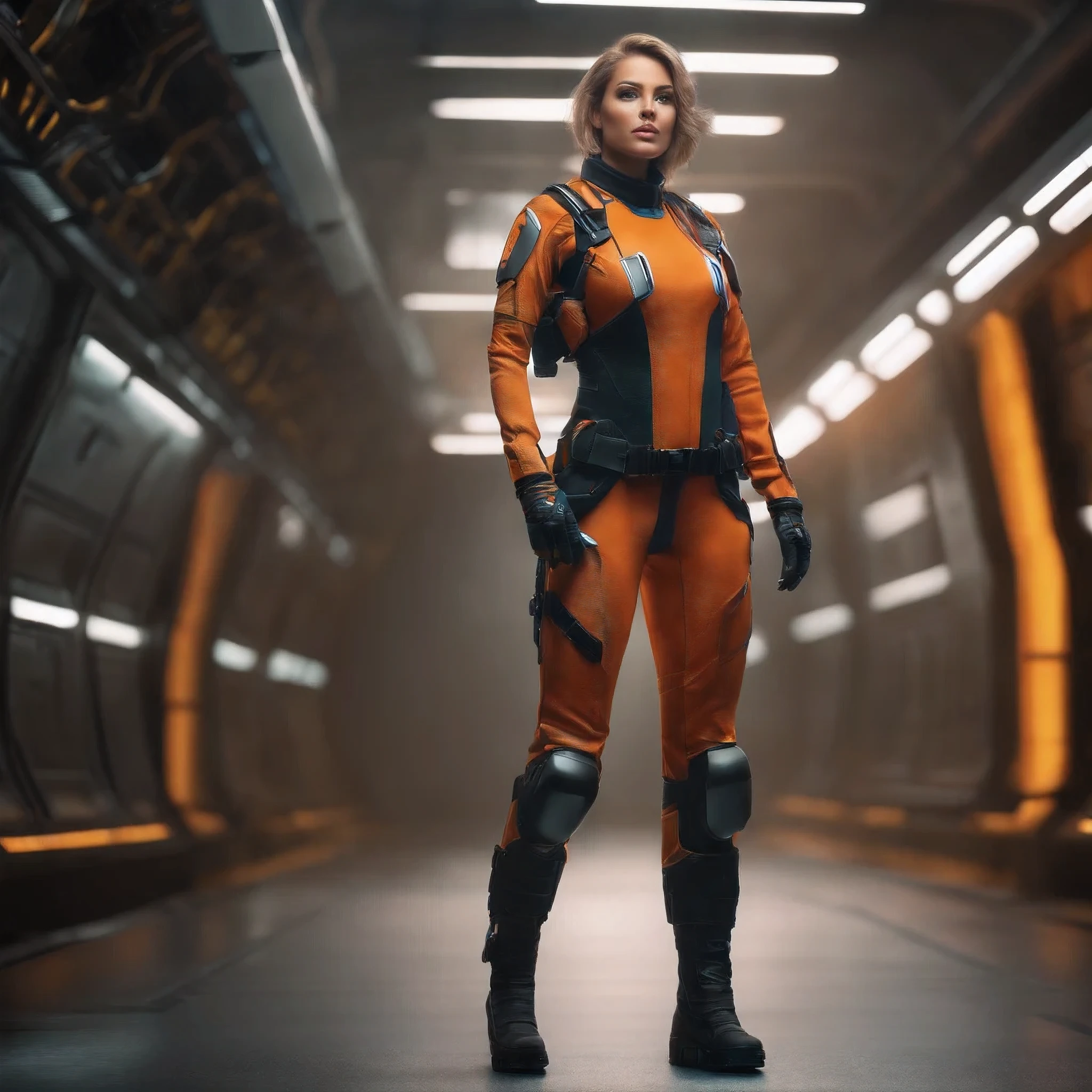 Full body futuristic female soldier in hot and tight space uniform, hyperrealistic