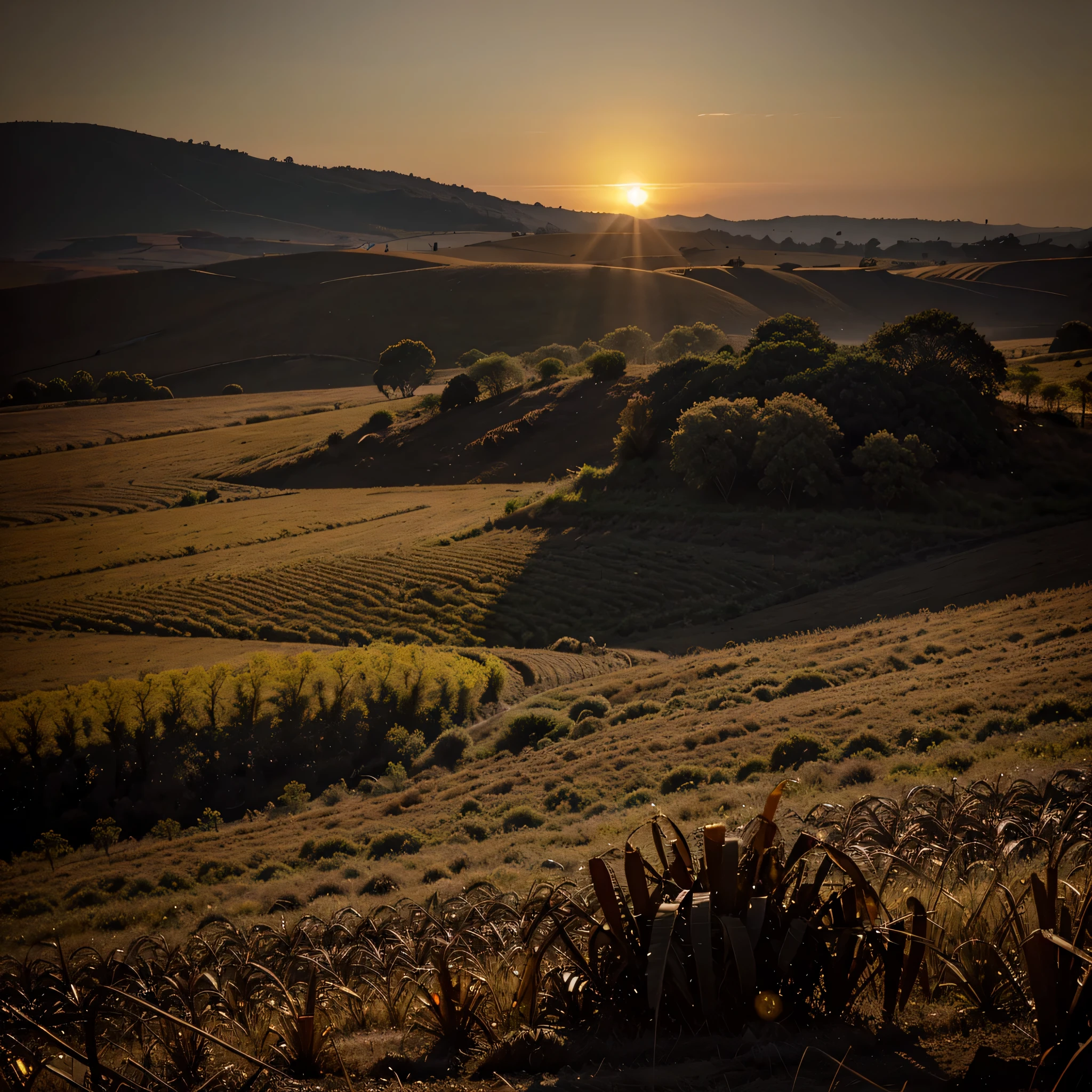 O sol poente queima vermelho no horizonte, the swollen disc casting an unearthly glow over the barren fields as I guide the tractor across the rough earth. O motor do trator ressoa alto, breaking the heavy silence that hangs over the wasted crops that sway listlessly in the hot winds. Sento-me curvado no assento de couro rachado, my face shadowed by a wide-brimmed hat. My skin is tough and worn from years of working under this relentless sun. The ground before me is rough and dry, every clod of earth is a reminder of the faded dreams that were once planted on these acres. Behind Me, The crooked silhouette of the tractor cabin is dark against the scorching sunset, como a sombra de uma grande besta que atravessa a terra. Eu sigo incessantemente, the familiar creaking of the wheel beneath my blistered hands. Como o sol afunda mais baixo no horizonte, Shadows stretch over abandoned farm buildings. A luz brilha vermelha em suas janelas quebradas como os restos de algum fogo esquecido. From a distance, the withered cornfield sways, the dead stalks whispering ominously in the wind. Eu dirijo em, estrondo do motor, os campos rachados rolando incessantemente diante de mim. The swollen sun disappears behind the tattered earth, concluindo sua descida. The twilight deepens around me, mas ainda assim me sento firme, guiding the tractor through the remains of what I once called home, enduring as the darkness falls.