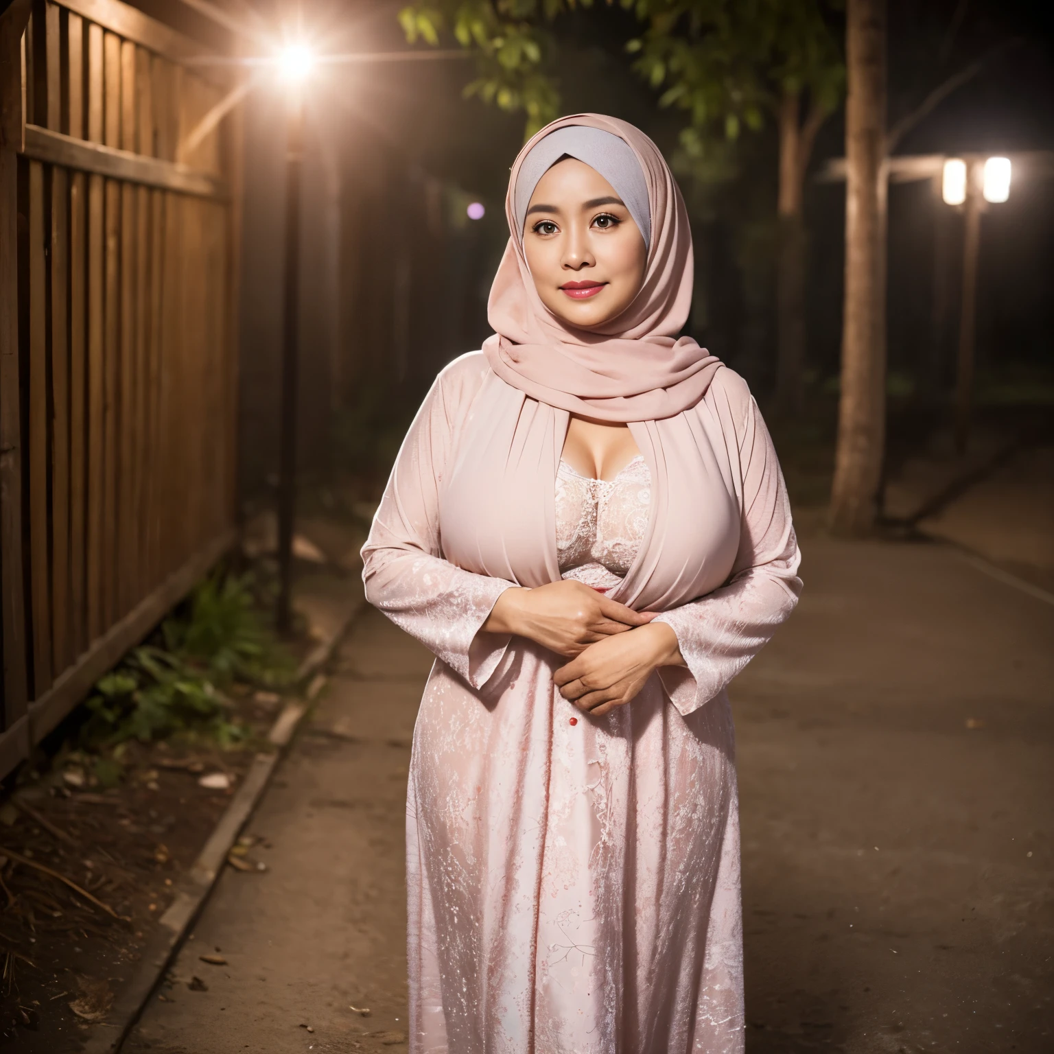 56 Years old, Indonesian mature woman, wearing Wide Hijab, perfect Curvy Body, (natural Gigantic breast : 1.3), gorgeous eyes, Soft smile, wear a Gamis, Tight Gamis, Diamond Necklace, ((Breast about to burst Out)), Nightime walk, Excellent Soft light, ((Light Lipstick)).