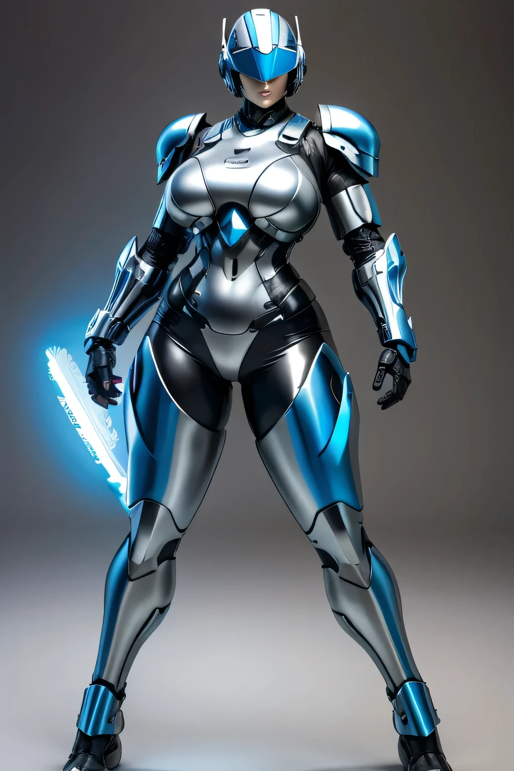 female robocop solo、Armor that completely covers the whole body、very large armor、Helmet with straight, narrow goggles to hide the eyes、metallic sky blue armor、Armor that completely covers the chest、thin and long legs、Vibrant posel body view,luscious lips,(big and full breasts:1.3), (sports body:1.5)、five fingers