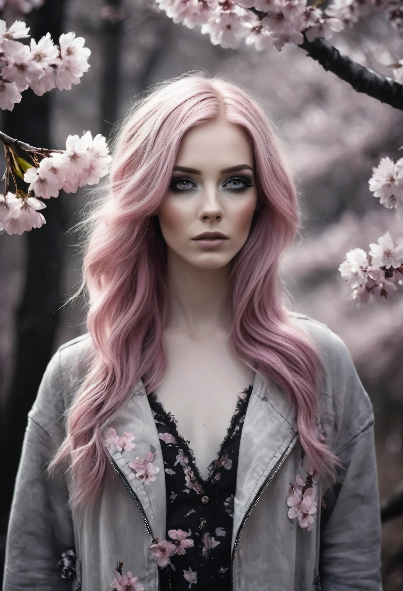 (Realistic:1.4), analog photo style, depth of field, full length photo of cute woman with dusty pink hair in a cherry blossom woods, on black canvas, ominous landscapes, light grey and pink, energy-filled illustrations, detailed face and eyes, highly detailed, dark fantasy aura, faded colours.