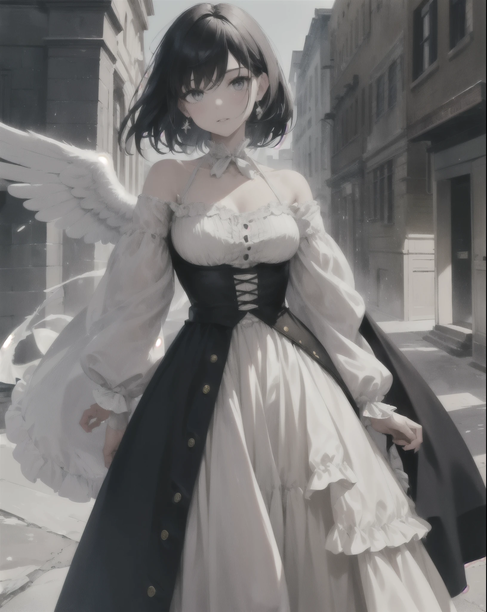 (((Adult woman))) in her late 20s, setting in the 1800s, 1800s clothing, few accessories, mid length over the shoulder thrown dark blue (almost black) hair, grey eyes, solemn expression, ((beige and white clothes)), portrait, highly detailed, no mistakes, best quality, hq, hd, 1800s buildings and streets background, only one wihte angel wing on the woman's left side the right side's wing was broken off, victoran era, NO CHILDLIKE FEATURES, (((anatomically correct)))