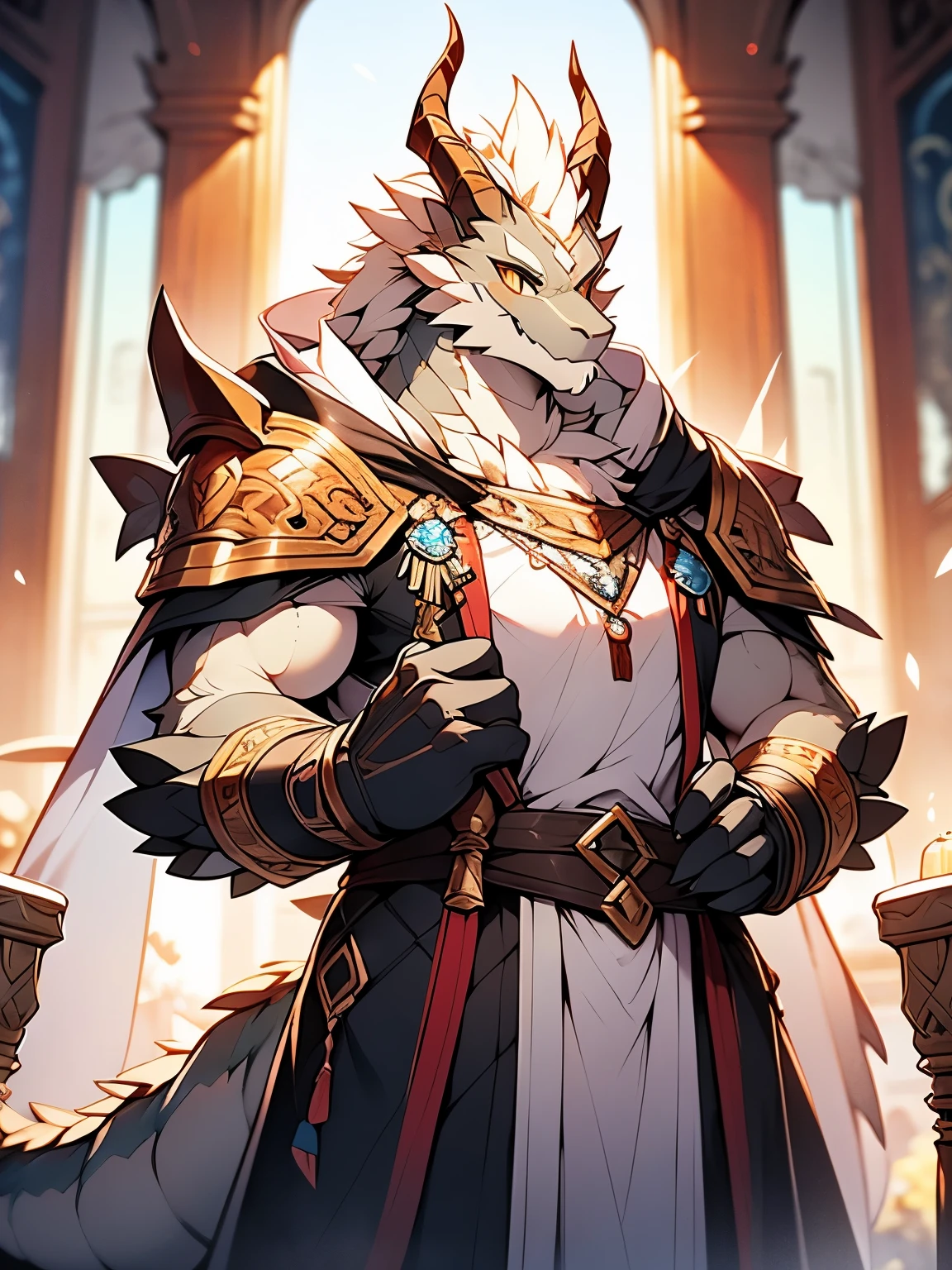 alone，Strong body type，身穿银色whole body铠甲，youth，light gray dragon，Light gray body，light gray skin，white belly，Silver plush dragon tail，hairy dragon tail，golden eyes，golden dragon horn，Full of majesty，Sunny and cheerful，Paladin，holding sword with both hands，Temple 8k，（illustration），（Ultra-detailed fur），（intricate details），whole body，white cloak