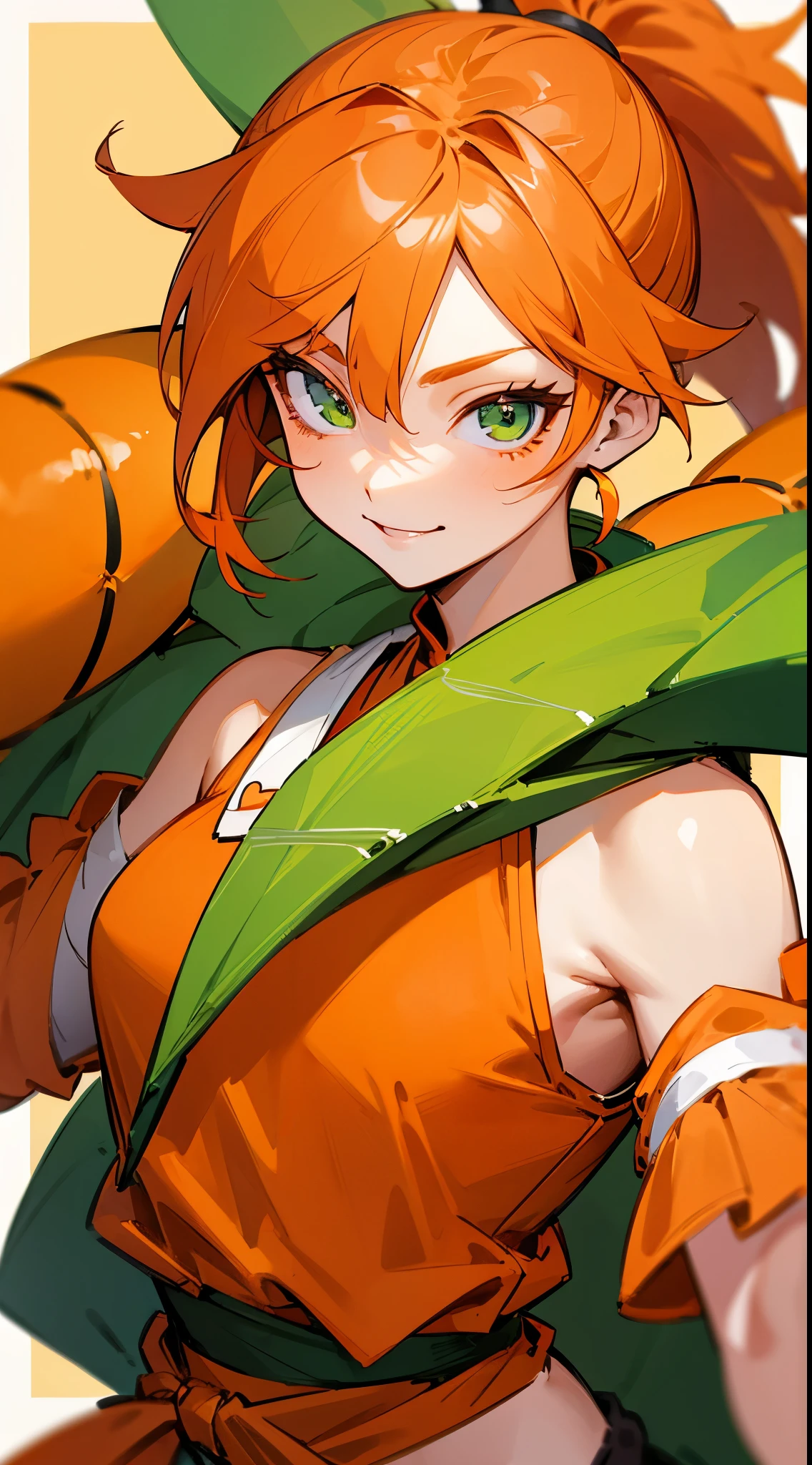 1 girl、anime painting、delicate drawing、orange clothes、looking at the viewer、orange hair、ponytail、beautiful green eyes、evil smile、loincloth、shrimp mascot、upper body close-up