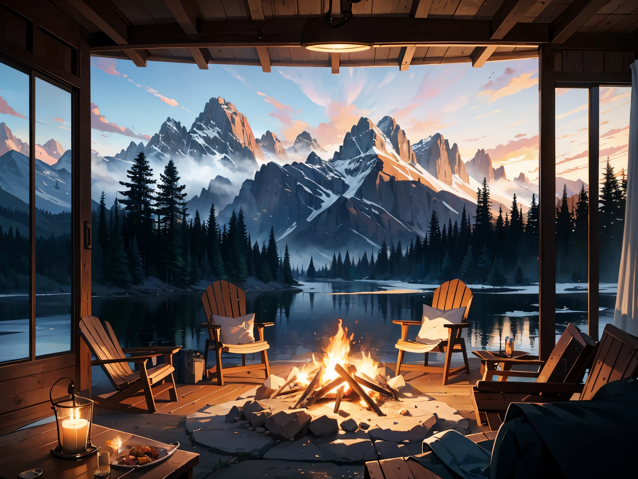 masterpiece, concept art, medium shot, RV, comfortably seated, camping, small campfire aglow, pine trees surrounding, fluffy clouds above, Mountain lake in the background, Vibrant colors popping, Volumetric lighting casting soft shadows, Global illumination creating a warm ambiance, High-definition graphics.