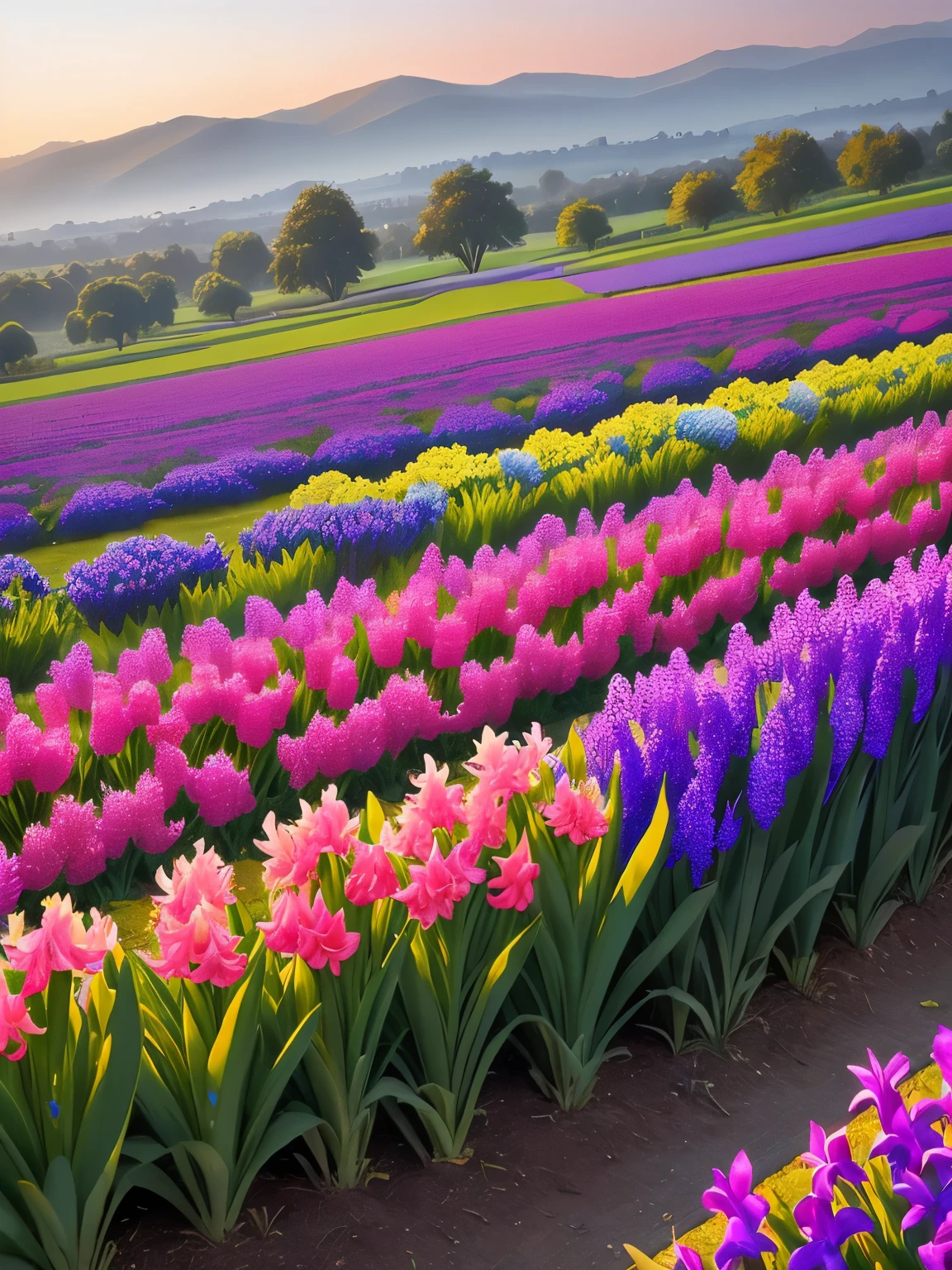 Landscape of colorful hyacinths evening