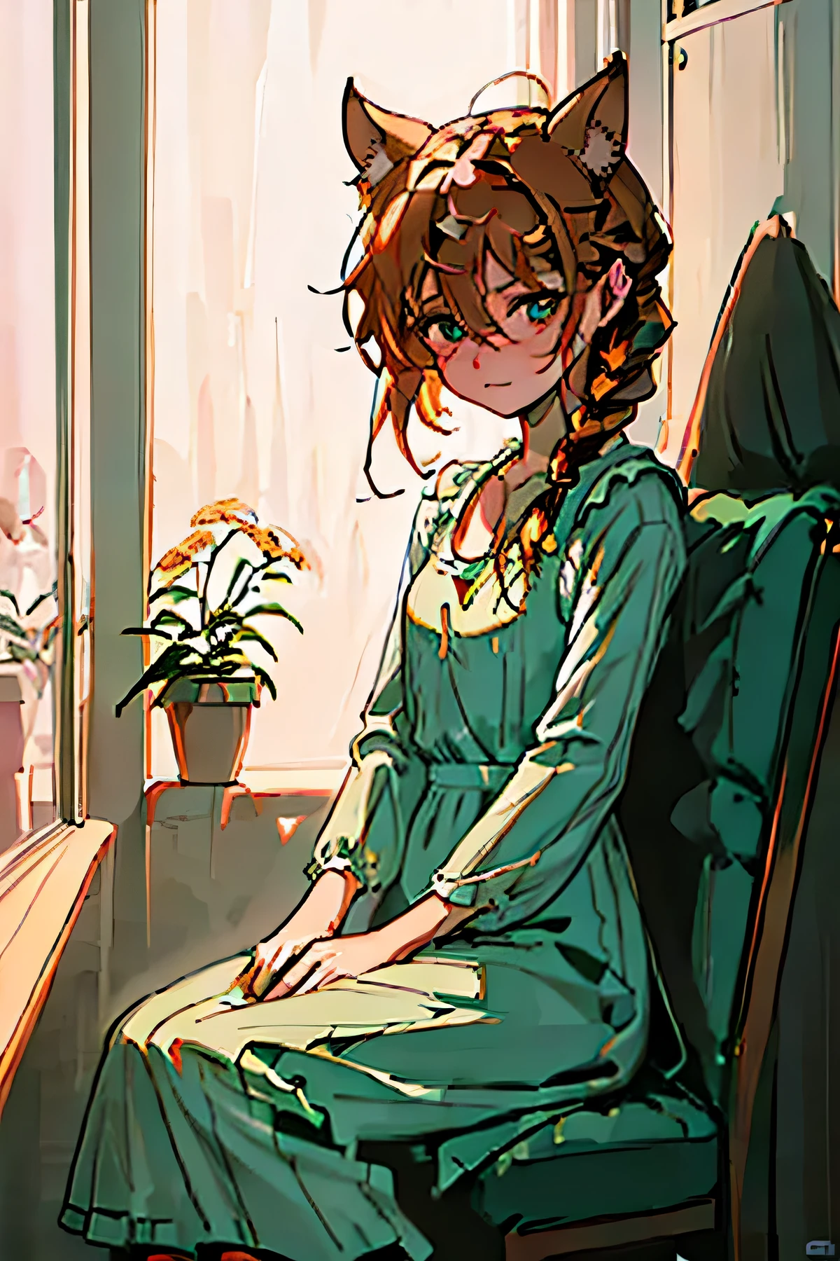 (masterpiece))), (((best quality))), ((ultra-detailed)), (illustration), (detailed light),((an extremely delicate and beautiful)),(beautiful detailed eyes)BRAKE 1girl, cute, small, droopy eyes, looking_at_viewer, ((jackal ears)), light smile, green eyes, bouquet, country, classic, retro, ( jackal tails), (pinafore), ((country long dress)), (((two three-strand-braid))), (striped frilly three-quarter-sleeve blouse), boots, flower, hair flower, flower shaped pupils, ((cream hair)), ((orange highlights in her hair)), herbs, potted plant,