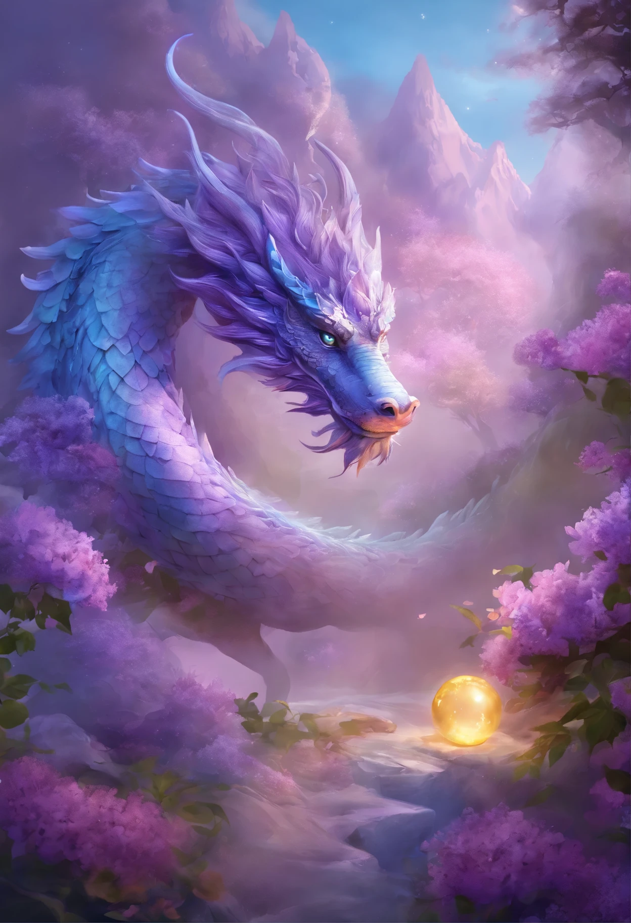 "Very nice 3d rendering of a lilac Chinese dragon,The dragon's face is kind、The background is a light blue flower garden、Grasping a crystal ball with its front paws、Dynamic performance, Vibrant effects and details,best image quality,High resolution,