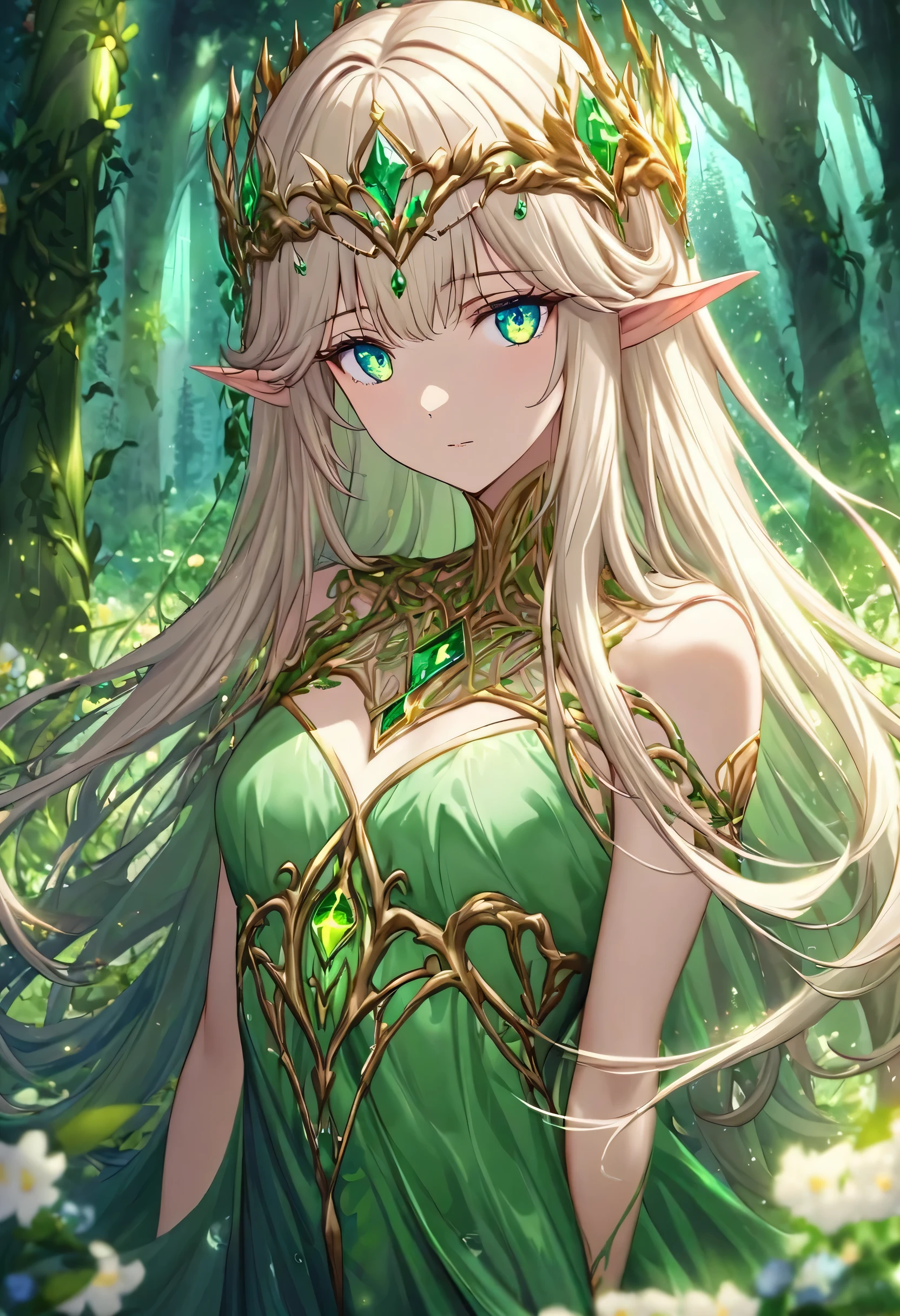 The Elven princess embodies an otherworldly kind of beauty. Imagine this:

Face: Flawless, with skin that seems to hold the pale moonlight itself. Her features are delicate yet strong, with a perfectly sculpted jawline and high, arched cheekbones.
Eyes: Large and luminous, their color reflecting the magic of the Elven realm. Maybe they're a startling emerald green, mirroring a sunlit forest, or a deep sapphire blue, like a twilight sky.
Hair: Long and flowing, it could be the color of spun moonlight - a silvery blonde that shimmers with an ethereal glow. Or perhaps it's the rich brown of deep earth, adorned with braids woven with wildflowers or sparkling dewdrops.
Physique: Slender and graceful, she moves with the effortless agility of a creature born of the forest. Every step is light and surefooted, hinting at hidden strength.
Attire: Imagine flowing gowns fashioned from the finest silks, spun by elven spiders and dyed with the vibrant hues of wildflowers. Delicate gold filigree could adorn the edges, or perhaps leaves woven from moonlight shimmer along the hems. A crown of intricately woven vines or a circlet of polished gemstones might adorn her head.