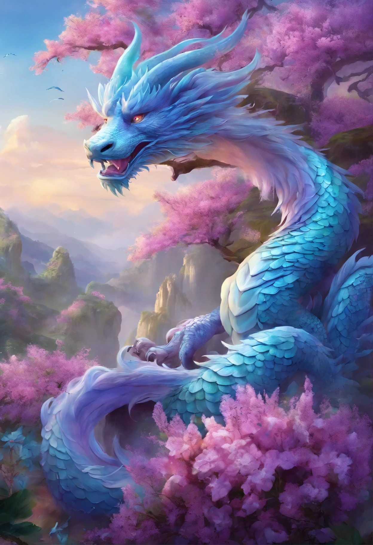 "Very nice 3d rendering of a lilac Chinese dragon，The dragon&#39;s face is kind、The background is a light blue flower garden、Grasping a crystal ball with its front paws、Dynamic performance, Vibrant effects and details，best image quality，High resolution，