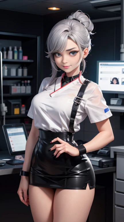 a working woman、Black Nurse、Black Nurseキャップ、black glove、nihilistic smile、Condescending attitude、syringe、tattoo、Black Lip、gray hair、chignon、clear eyes、symmetrical face、operating room、legs that are not too fat,
