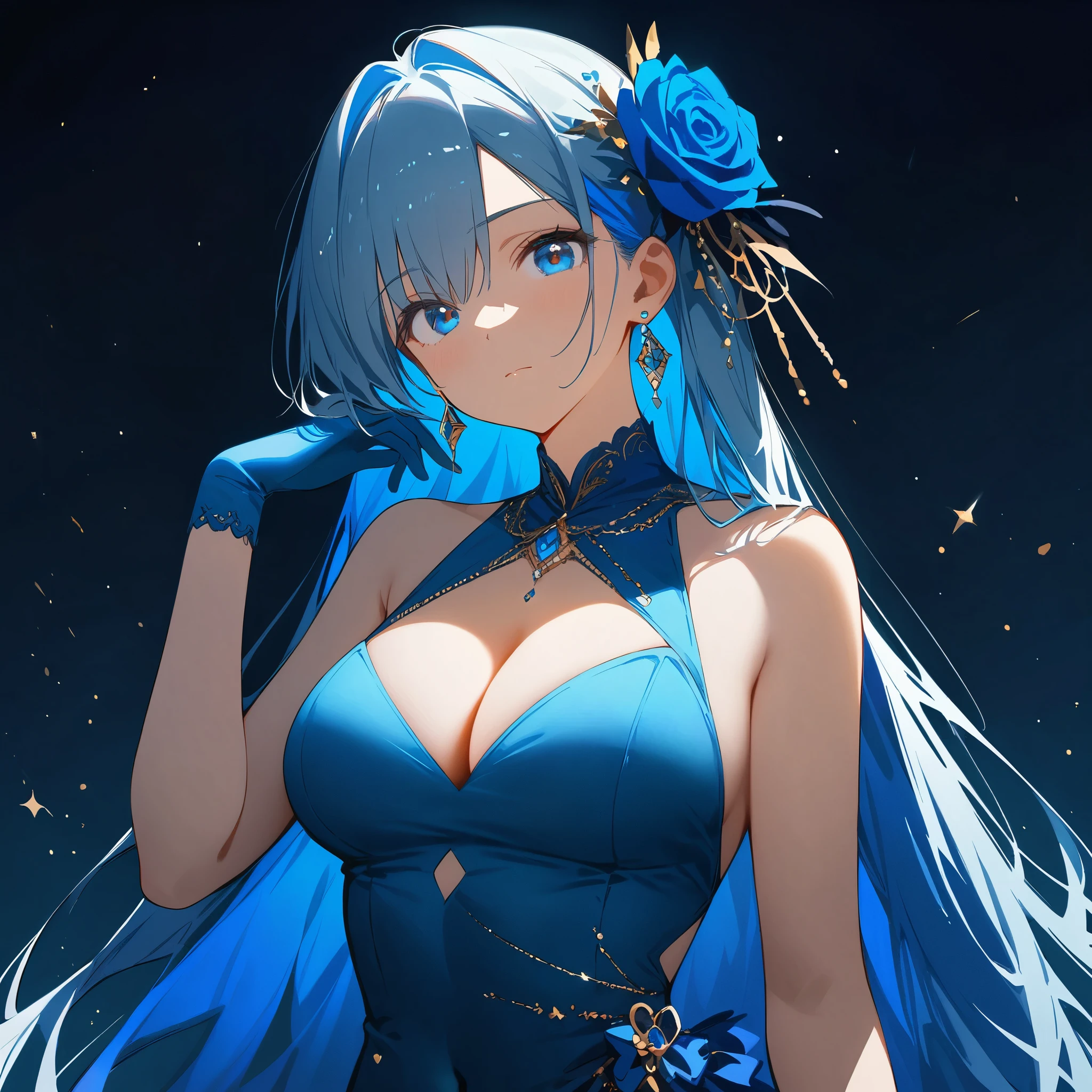 (masterpiece, best quality:1.2), 1girl, solo, blue_eyes, blue_hair, hair_flower, earrings, cleavage, looking_at_viewer, blue_gloves, blue_dress, bangs, blue_rose, medium_breasts, closed_mouth, hair_between_eyes, clothing_cutout, very_long_hair, simple_background, hand_up, colored_inner_hair, covered_navel, blue_theme