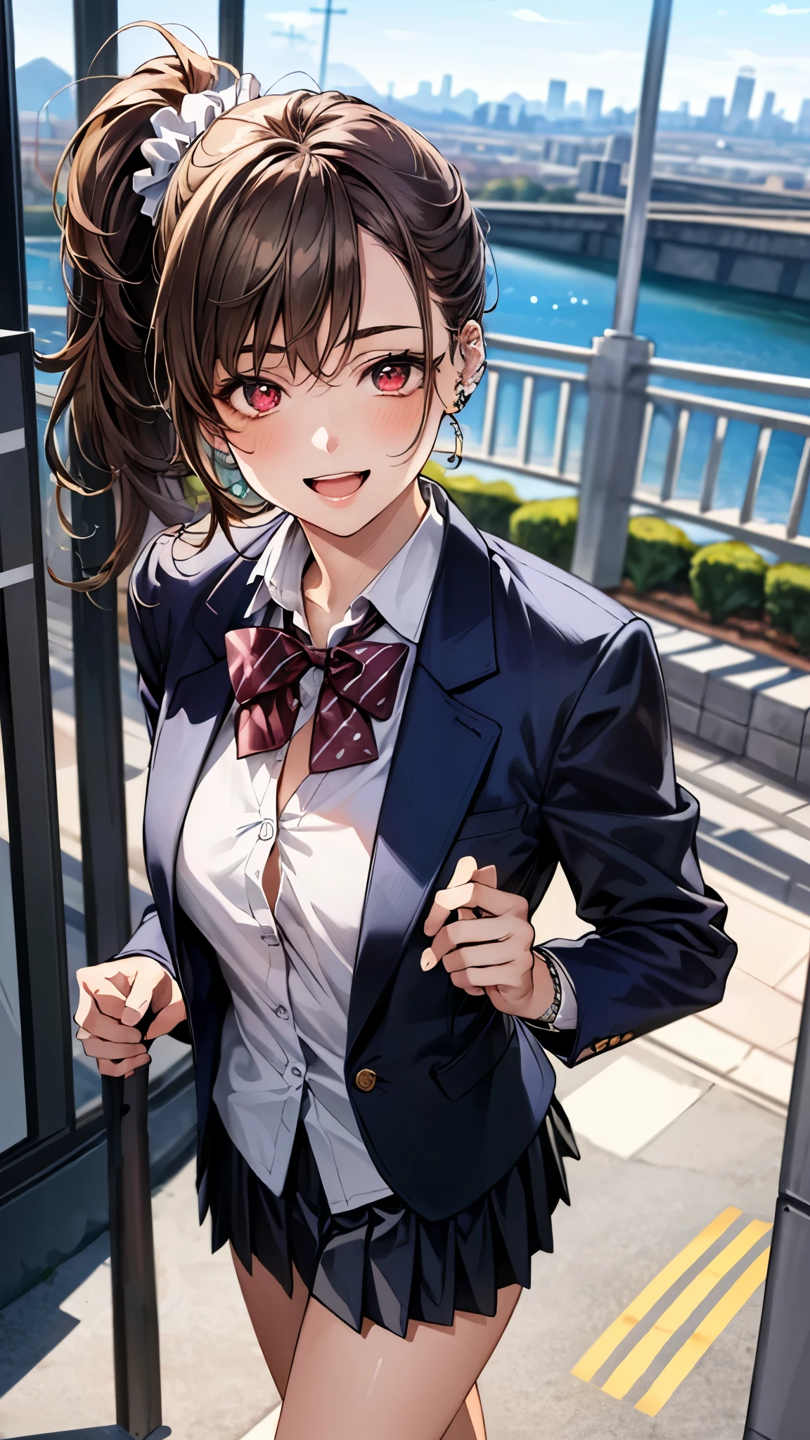 (masterpiece:1.3, top-quality, ultra high res, ultra detailed), (realistic, photorealistic:1.4), beautiful illustration, perfect lighting, colorful, depth of fields,
beautiful detailed hair, beautiful detailed face, beautiful detailed eyes, beautiful clavicle, beautiful body, beautiful chest, beautiful thigh, beautiful legs, beautiful fingers,
looking at viewer, 1 girl, japanese, high school girl, perfect face, (perfect anatomy, anatomically correct), cute and symmetrical face, babyface, , shiny skin,
(long hair:1.7, side ponytail:1.6, light brown hair), asymmetrical bangs, dark red eyes, long eye lasher, (medium breasts), slender,
((navy blazer, collared white shirt, navt pleated skirt)), dark red bow tie, piercing, polka dot hair scrunchie,
(beautiful scenery), evening, (park, cityscape in the distance), (walking, sexy pose),, (lovely smile, upper eyes, open mouth),