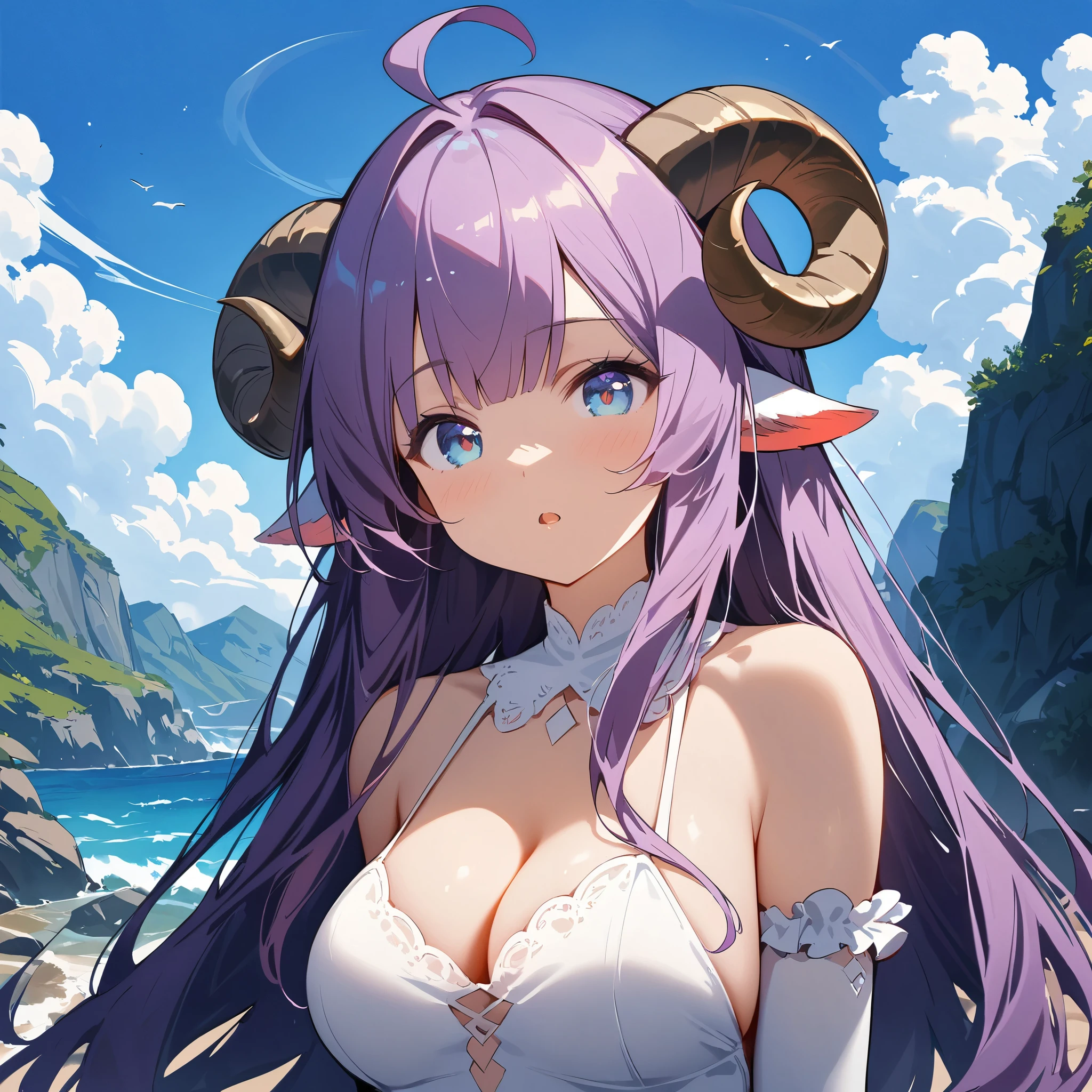 (masterpiece, best quality:1.2), 1girl, solo, looking_at_viewer, covered_navel, white_dress, medium_breasts, curled_horns, upper_body, very_long_hair, sheep_horns, white_gloves, animal_ears, cleavage, open_mouth, elbow_gloves, ahoge, parted_lips, blunt_bangs, grey_eyes, purple_hair, shadow, sky