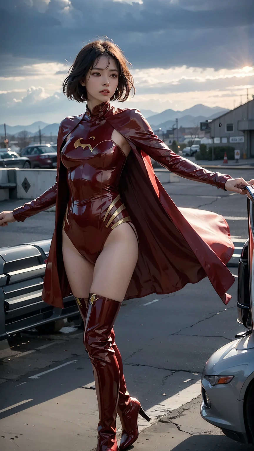 Woman wearing detailed and glossy SuperMan costume with full sleeves covering the entire body, short black hair, serious face, (flying in sky), vivid colors, dramatic lighting, red cape, cinematic costume, carbon fiber detailed suit,red boots,red over-the-knee boots,long legs，slender legs，full budy picture