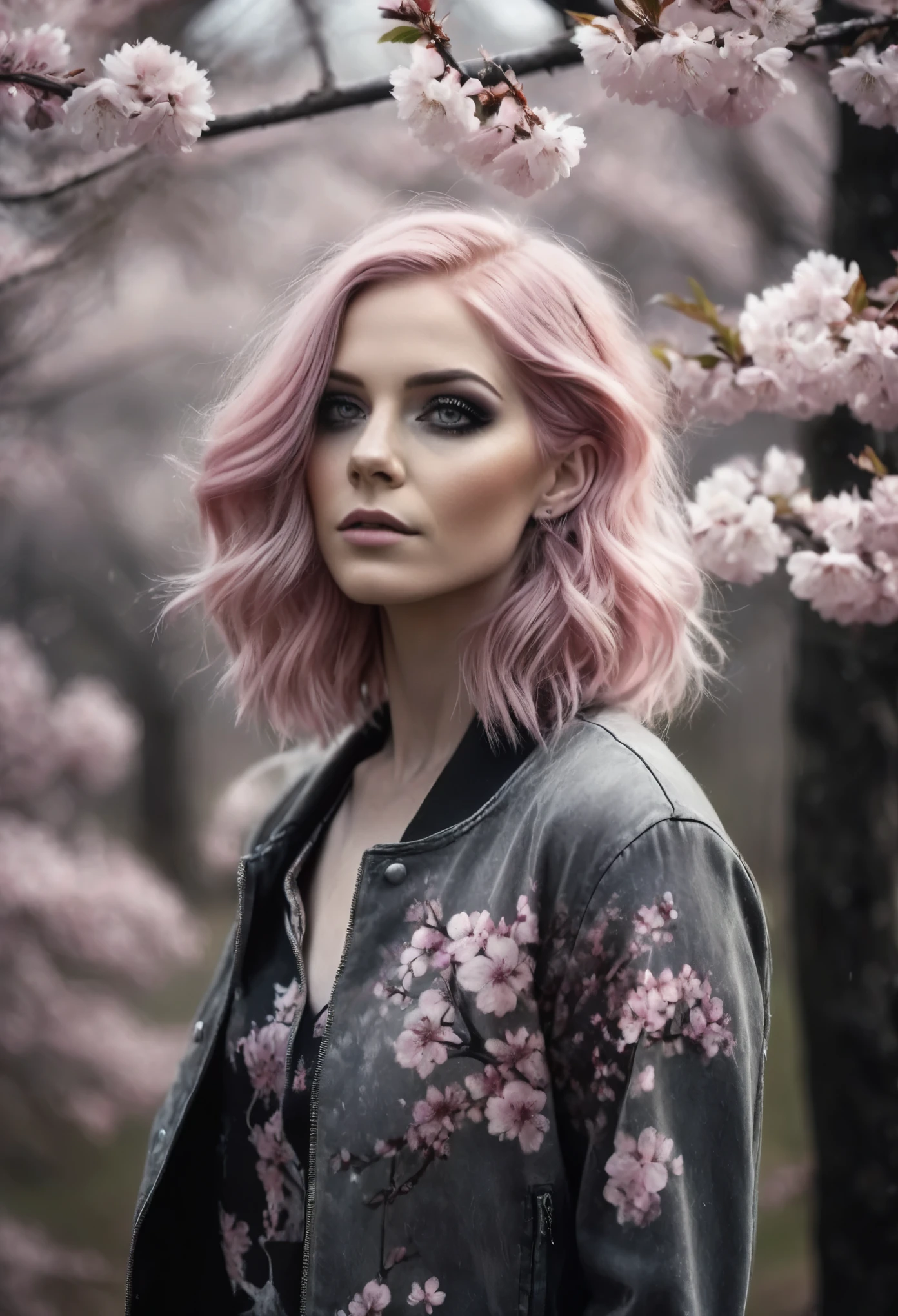 (Realistic:1.4), analog photo style, depth of field, full length photo of cute woman with dusty pink hair in a cherry blossom woods, on black canvas, ominous landscapes, light grey and pink, energy-filled illustrations, detailed face and eyes, highly detailed, dark fantasy aura, faded colours.