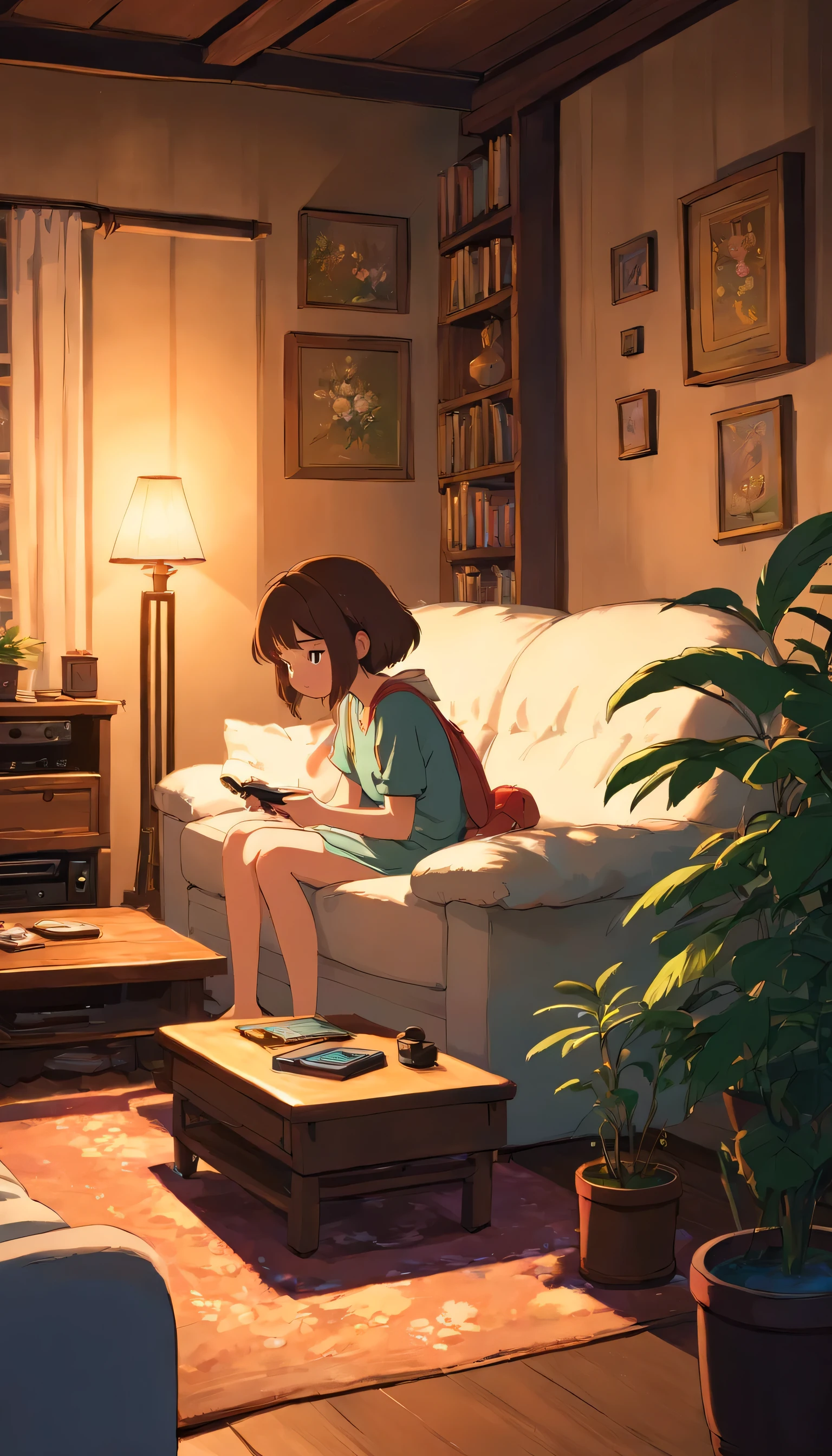 night、Girl listening to music in a cozy room, white sofa、2D anime style, lo-fi, hard disk, dark environment