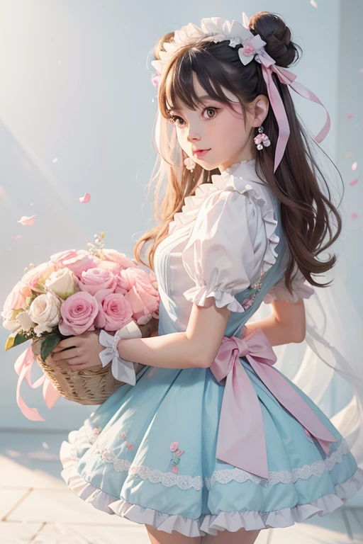 Girl holding a basket with flowers, standing indoors, house, white background wall, kawaii aesthetics, fairy core, dream aesthetics, portrait of a magical ta girl, Lolityle, maid in the enchanted forest, frilled blooming collar, kawaii style, soft, fantasy aesthetic, magical girl style, balloon, girl with roses wrapped around her, pink roses, bows, pearls, ribbons, pink, blue, cute, round face, light and shadow, black hair, longeyelashes, solid circle eyes, light smile, fang, double bun, hair bow, Surrealism, pov, atmospheric perspective, depth of field, vanishing point, lens flare, 35mm, f/2.8, 8k, super detail, ccurate, best quality, UHD, masterpiece, anatomically correct, textured skin, high quality, high details