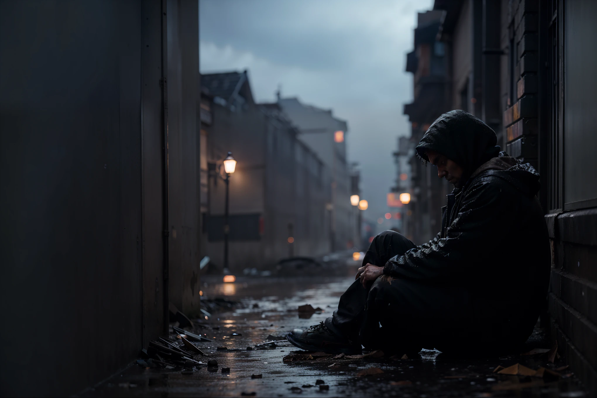 sharpened man sitting on the sidewalk in the rain at night, sem-abrigo cyberpunk, ruas escuras, sujas e sujas, homem triste, cinematic atmospheric photo, in a post-apocalyptic city, atmospheric detailed and gritty, destitute, ruas escuras e abandonadas da cidade, dark wet london alley at night, in a post-apocalyptic setting, late night melancholic photo, com vista para uma rua escura