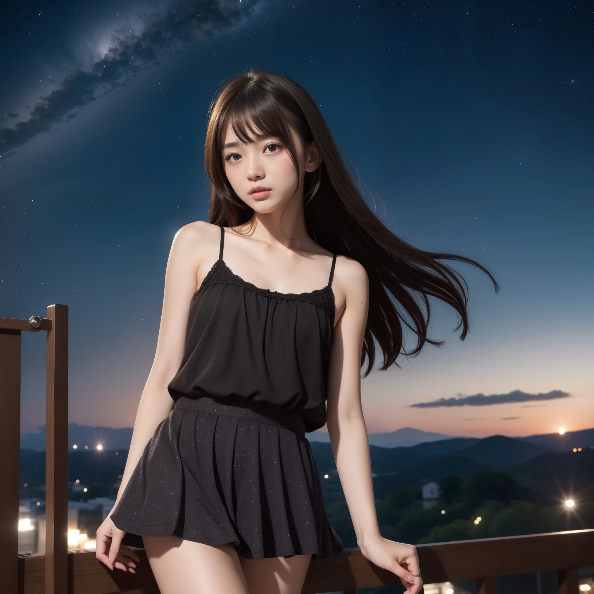 beautiful images、universe、fantasy、shooting start or herd、teenage girl、black eye、hair length、starry sky、Japanese、high school girl、camisole、Fluttering mini skirt、