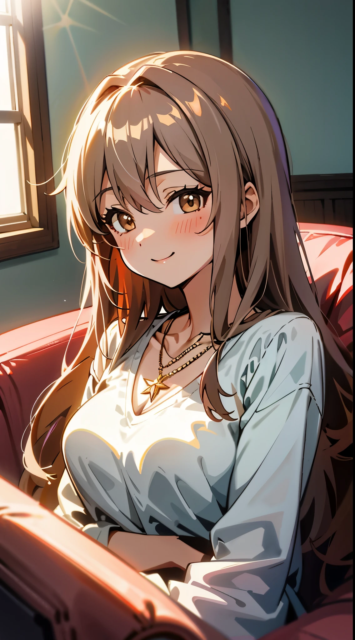 cute, sexy, device, highest quality,beautiful, anime style, dynamic angle, Upper body, whole body concentration, Western-style room, sofa, morning, cute, 1 girl, alone, beautiful light brown hair, beautiful紫のbeautiful目, long hair, transparent hair, translucent hair, big and full breasts, necklace, smile, Lens flare, shiny, Glossy skin