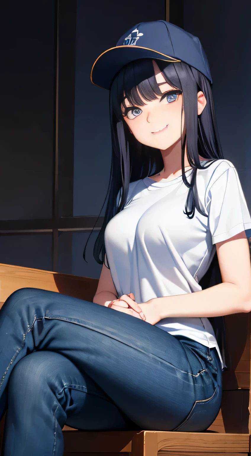 highest quality、grinning smile、cross-legged pose、Beautiful woman、high school girl、(((dark blue slanted eyes)))、eyebrow、dark blue long hair、grated bangs、black cap、short sleeve shirt、jeans、expensive