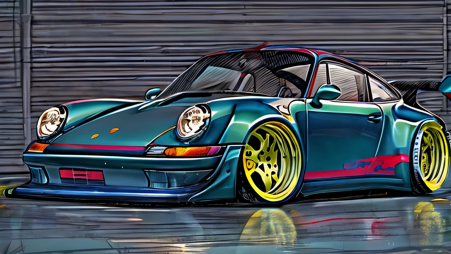 Vivid navy blue Porsche 911 rwb, hot- rod cartoon style drawling, sketch, detailed illustration, large wheels, wide bodykit