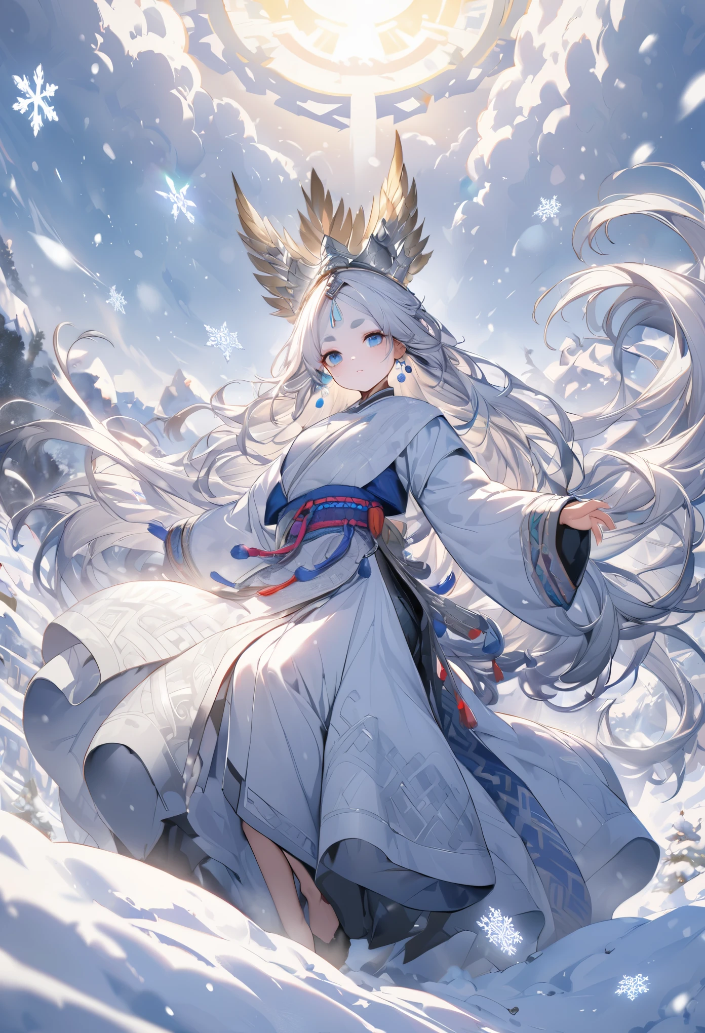 best texture, high quality, ultra high definition, 8K, Full body image, Panorama, snow, flying snowflakes, dancing in the snow, girl, Full of Miao silver jewelry, Hmong costumes, Silver Phoenix Crown, oval face, Super detailed face, blue eyes, long eyebrows, White skin, Long silver hair, flowing long hair, rising with the wind, snowflake colorful gifts, actual, Very detailed, high detail, Ultra-clear,
