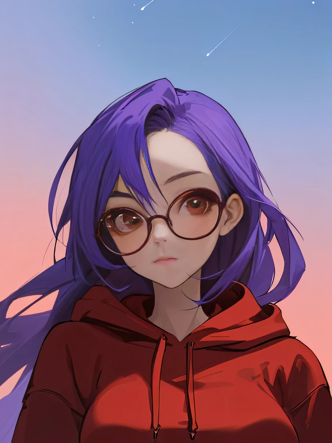 portrait of a beautiful girl, with blue-purple hair, brown eyes in beautiful glasses. Wear a red sweatshirt, against the background of the night sky