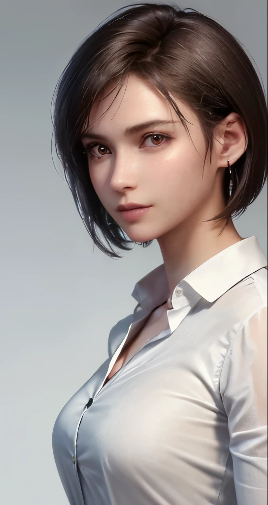 (masterpiece, highest quality, photorealistic, High resolution, photograph, :1.3), very close up shot, sharp focus, 30 year old mature woman、small face、no makeup、hot models, Highly detailed eyes and pupils, realistic skin, slim body shape、 short cut hair、dark brown hair、 delicate and sexy face, sensual gaze, glossy lips, ((He wears a white collared shirt with the top button undone.))、small breasts、bust B cup、No bra、wearing a pendant、((realistic, super realistic, realism, realistic detail))、cool beauty、sexy style、Gray background