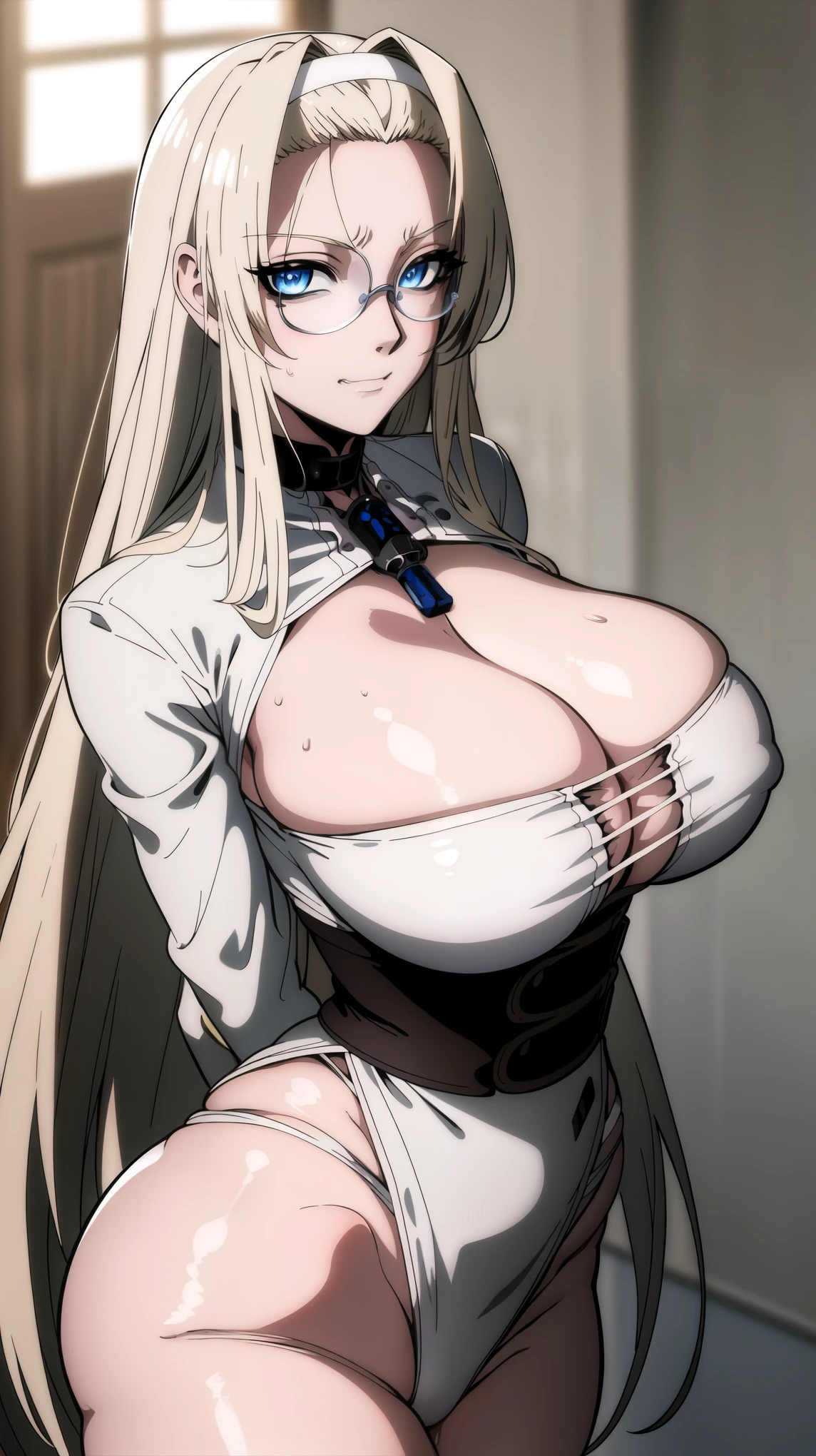 Simple White Background,
white shirt,collarbone, cleavage, bare shoulders,
armbands,
blue eyes, blonde hair,bangs,Long_hair,hairband,
1 girl, 20yo,Young female,Beautiful Finger,Beautiful long legs,Beautiful body,
Beautiful Nose,Beautiful character design, perfect eyes, perfect face,expressive eyes,perfect balance,
looking at viewer,(Focus on her face),closed mouth, (innocent_big_eyes:1.0),(Light_Smile:0.3),
official art,extremely detailed CG unity 8k wallpaper, perfect lighting,Colorful, Bright_Front_face_Lighting,White skin,
(masterpiece:1.0),(best_quality:1.0), ultra high res,4K,ultra-detailed,
photography, 8K, HDR, highres, absurdres:1.2, Kodak portra 400, film grain, blurry background, bokeh:1.2, lens flare, (vibrant_color:1.2),professional photograph,
(Beautiful,large_Breasts:1.4), (beautiful_face:1.5),(narrow_waist), ((arms behind back)), smug, evil sinister smug, smug expression, integra, integra hellsing, exposed thighs, huge thighs, ass, wide hips, tiny waist, integra, integra hellsing