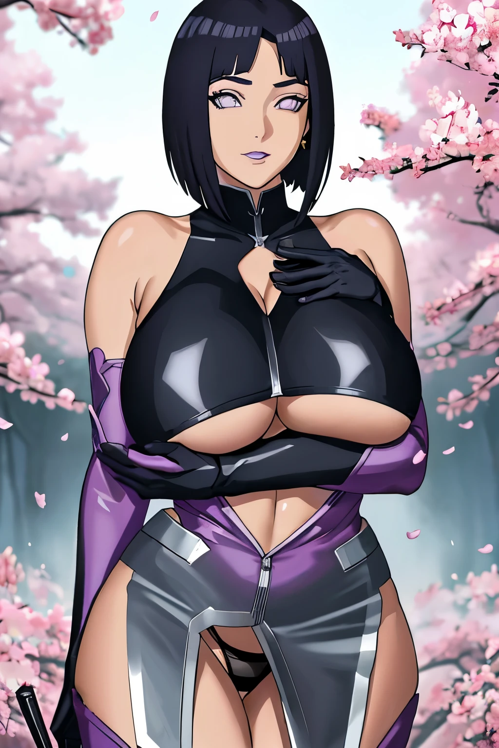 masterpiece, absurdres, hinata\(boruto\), 1girl, solo,mature female, looking at viewer, (falling petals), perfect composition, detailed lips, gigantic breast, beautiful face, body propotion, (pink lips), short hair, purple eyes, soft gaze, super realistic, detailed, photoshoot, realistic face and body, ((helloutfit:1.1), underboob, elbow gloves, thigh boots, highleg panties, bare shoulders, curvy, midriff, curvy, thighs, higheels, shiny clothes), gigantic breasts, curvy, cowboy shot, bare shoulders, cleavage, seductive smile