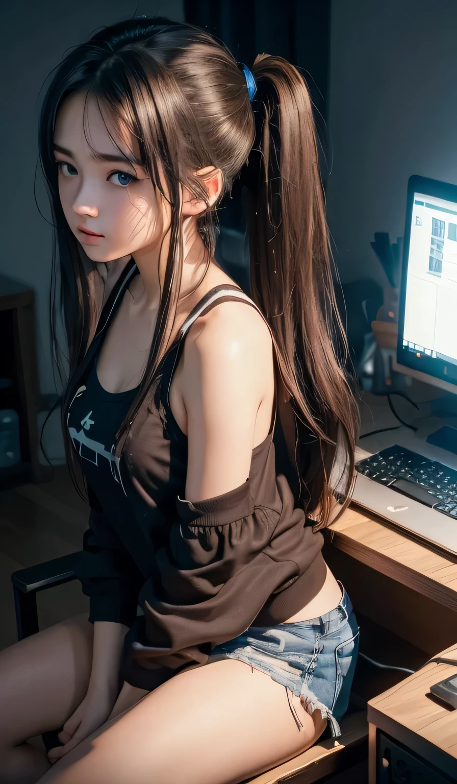 (masterpiece), dynamic lighting,1 girl, solo, beautiful eyes, 18 years old, long dark brown hair, Messy hair tied in twin tails , blue eyes, tank top, black Jacket, shorts, Playing games, ((lighting from a computer)), ((high angle)), indoor, (night), (dim room)